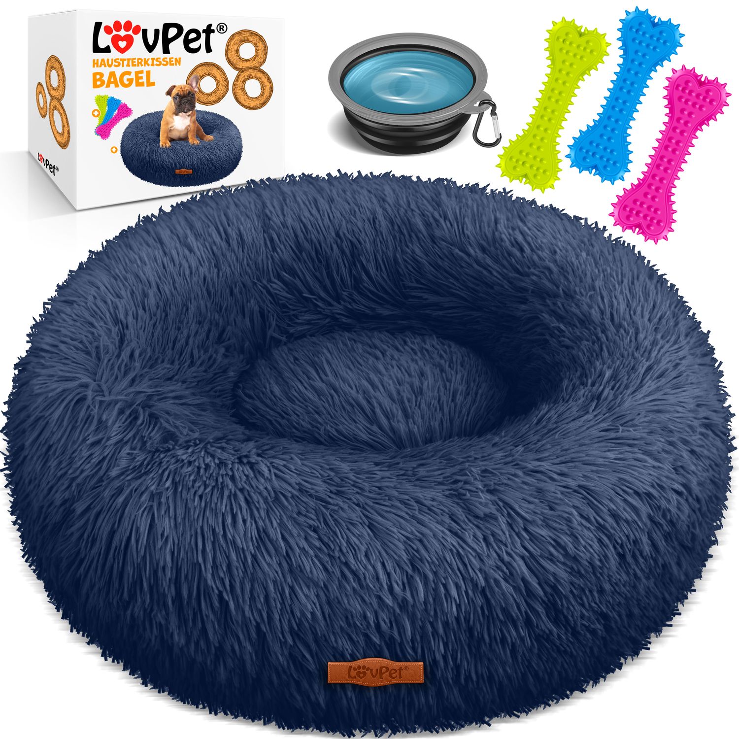 LOVPET&reg; Hundebett Hundekissen Katzenbett Bagel, Waschbar, Inkl. Napf + 3x Kauknochen, Hundesofa flauschig Kissen Rund aus Pl&uuml;sch f&uuml;r Kleine, Mittelgro&szlig;e & Gro&szlig;e Hunde, Katzen 