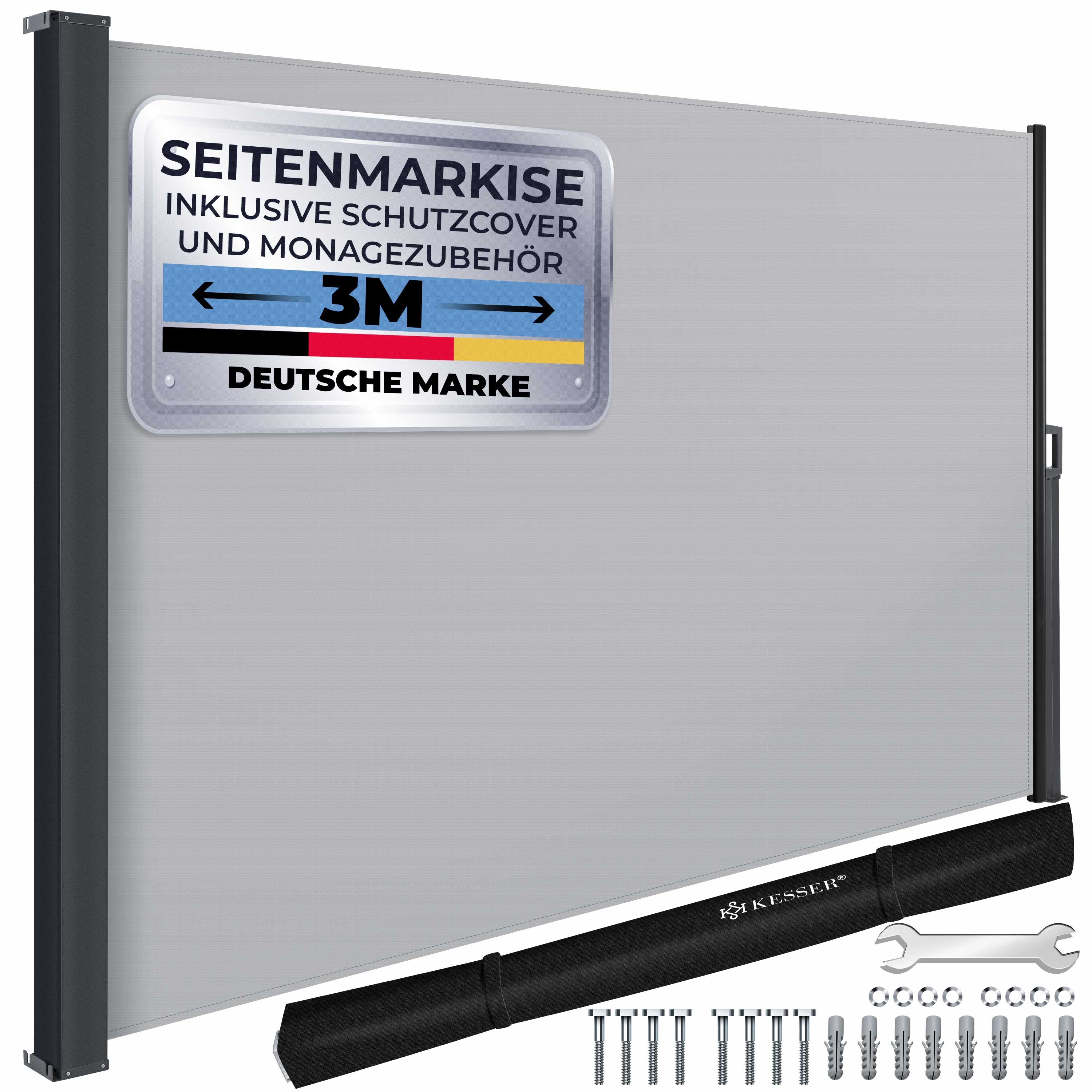 KESSER&reg; Seitenmarkise ausziehbar Markise Blickdicht Sichtschutz & Windschutz f&uuml;r Garten Balkon & Terrasse, Seitenrollo mit Wandhalterung und Cover 