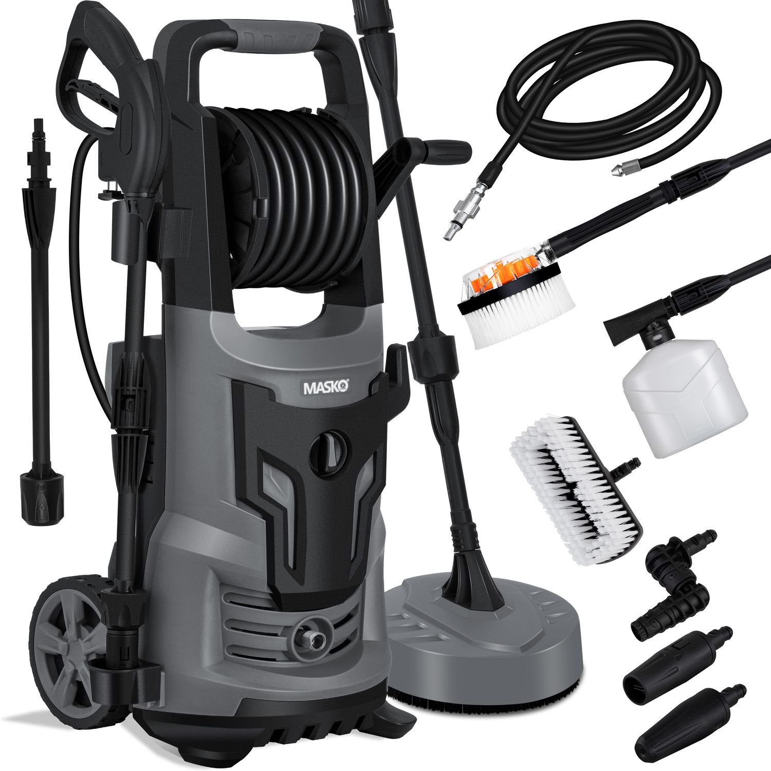MASKO&reg; Hochdruckreiniger 2200 Watt 165 bar 450 l/h, mit Spule Schlauchtrommel 10m Schlauch 9 TLG Zubeh&ouml;r Set, mit Handschuhen, Seifenflasche, Schaumd&uuml;se, Hochdruckpistole f&uuml;r Autos/Z&auml;une/Garten/Patios 