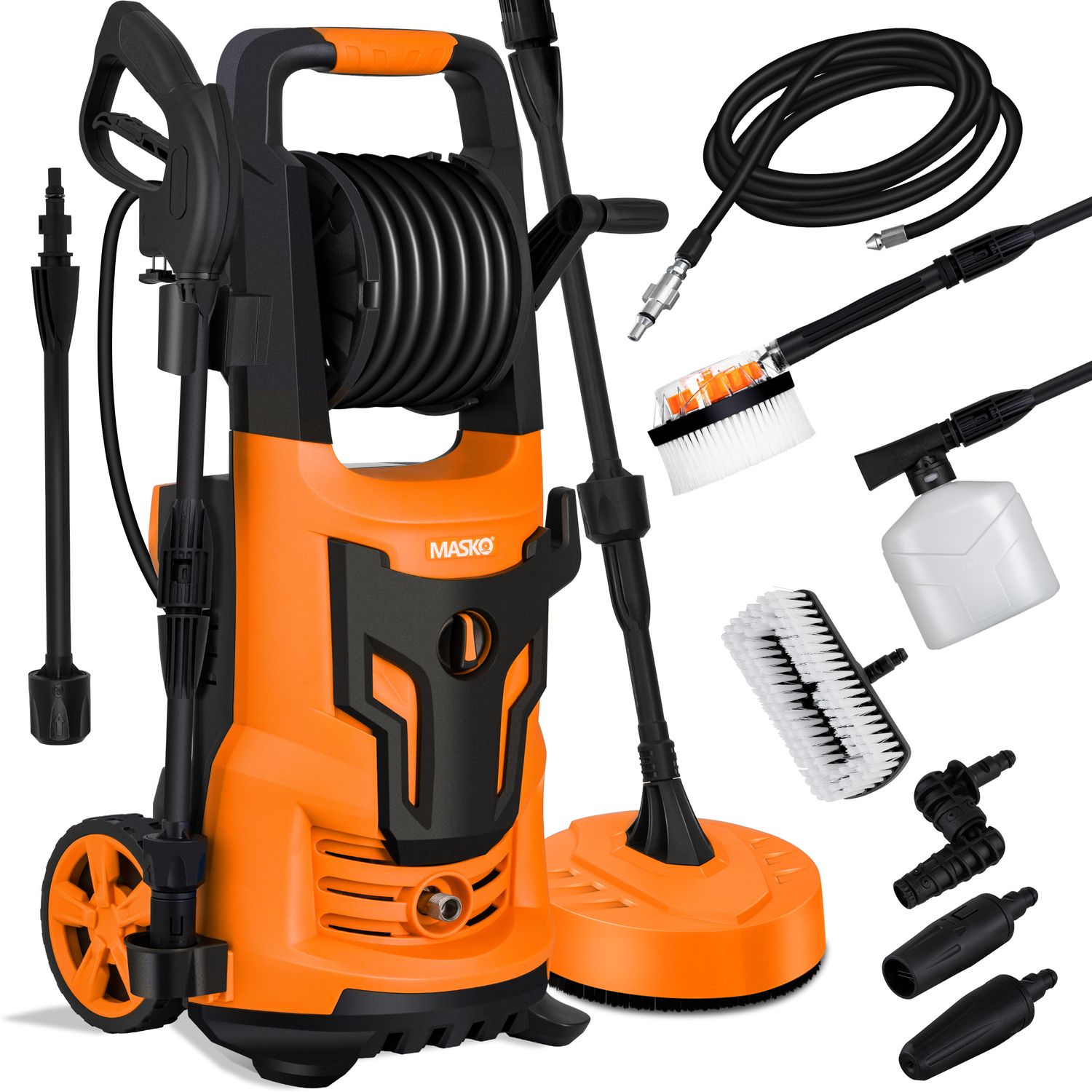 MASKO&reg; Hochdruckreiniger 2200 Watt 165 bar 450 l/h, mit Spule Schlauchtrommel 10m Schlauch 9 TLG Zubeh&ouml;r Set, mit Handschuhen, Seifenflasche, Schaumd&uuml;se, Hochdruckpistole f&uuml;r Autos/Z&auml;une/Garten/Patios 