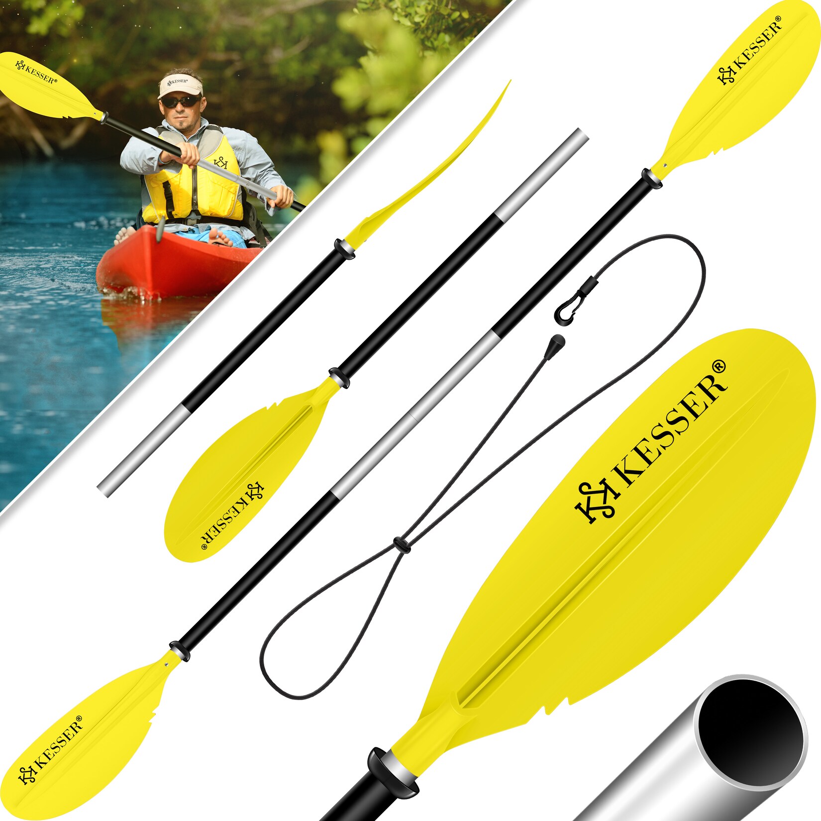® Paddle Doppelpaddel - 4-teilig für Kanu Kayak SUP Stand-Up Paddling Board Stechpaddel, 228cm Aluminum Super Leicht für Schlauchboot, Stand Up Paddel Kajakfahren Surfboard Boot