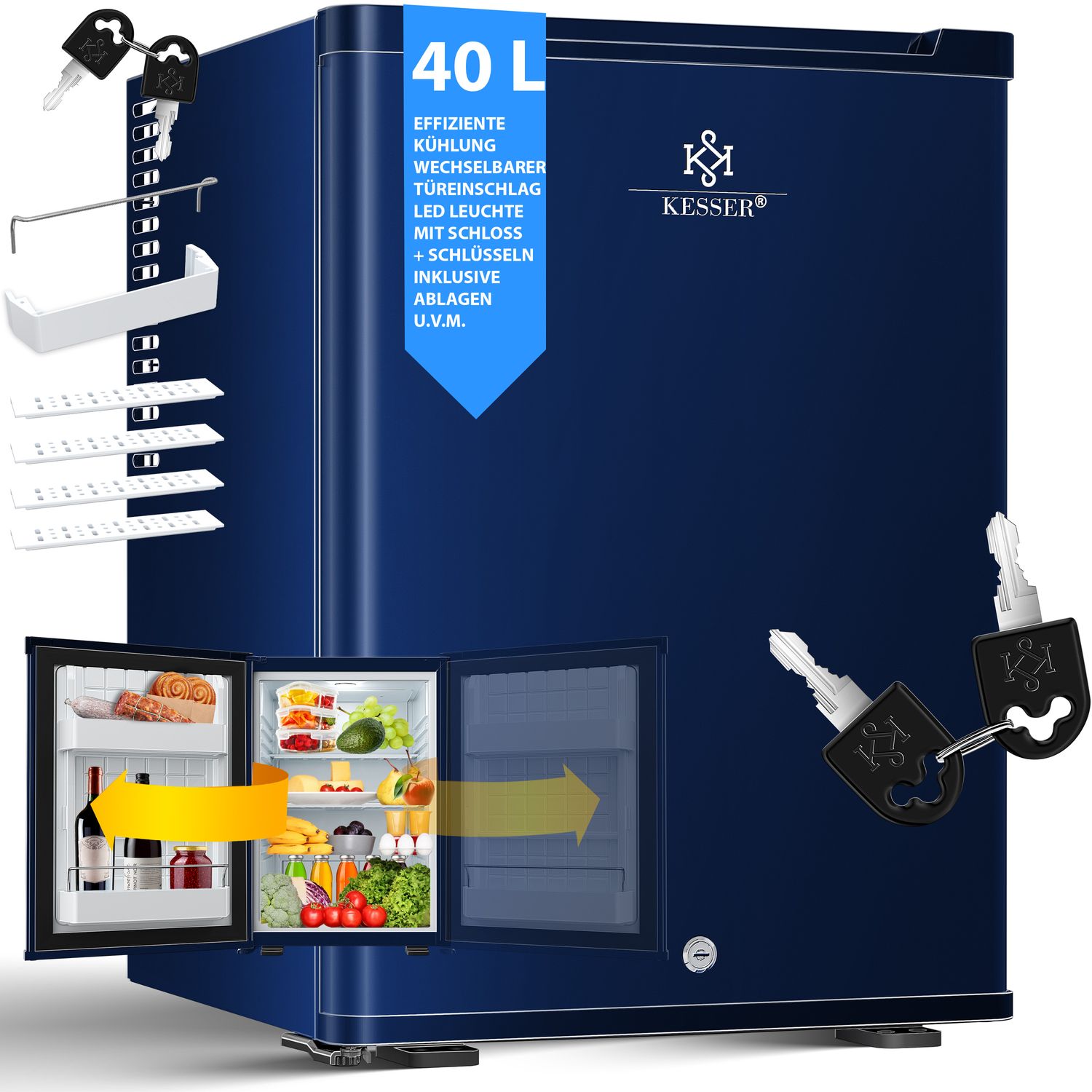 KESSER&reg; Minik&uuml;hlschrank mit Schloss, Minibar 40 Liter Nutzinhalt, Leise 22db, Abschlie&szlig;bar, Schlafzimmer, Wechselbarer T&uuml;ranschlag, ca. 4&deg;-16&deg;C H&ouml;he 57cm, Innenbeleuchtung Tisch-K&uuml;hlschrank 