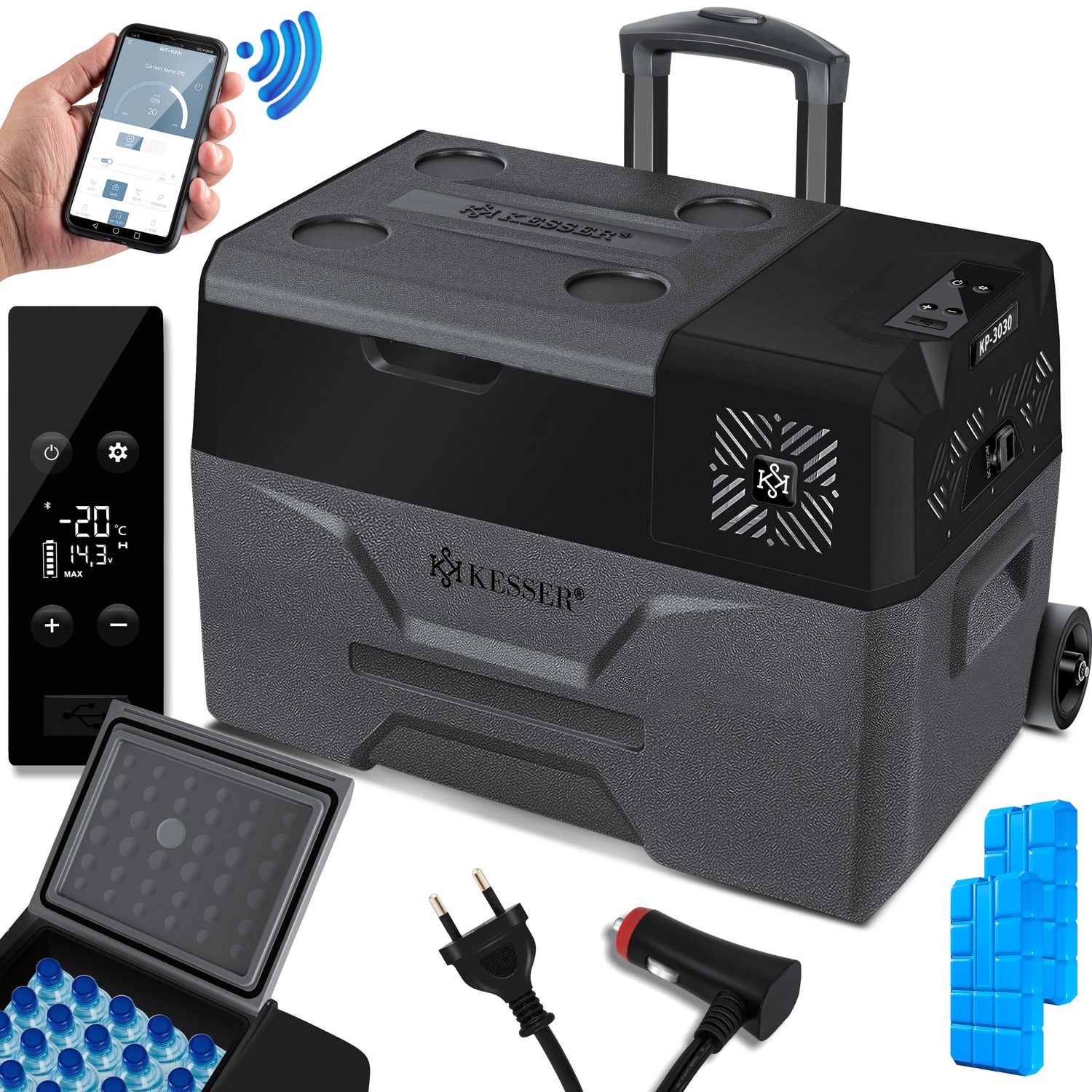 KESSER&reg; Kompressor K&uuml;hlbox elektrisch Gefrierbox, Mit APP-Steuerung USB-Anschluss 12/24 V 230V, +Teleskopstange, K&uuml;hlakkus R&auml;der K&uuml;hlschrank K&uuml;hlung bis -20 &deg;C f&uuml;r Auto, Lkw, Boot, Reisemobil, Camping 