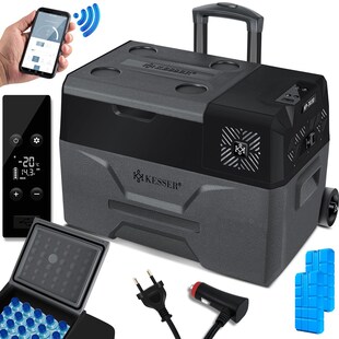 KESSER® Kompressor Kühlbox elektrisch Gefrierbox, Mit APP-Steuerung USB-Anschluss 12/24 V 230V, +Teleskopstange, Kühlakkus Räder Kühlschrank Kühlung bis -20 °C für Auto, Lkw, Boot, Reisemobil, Camping 