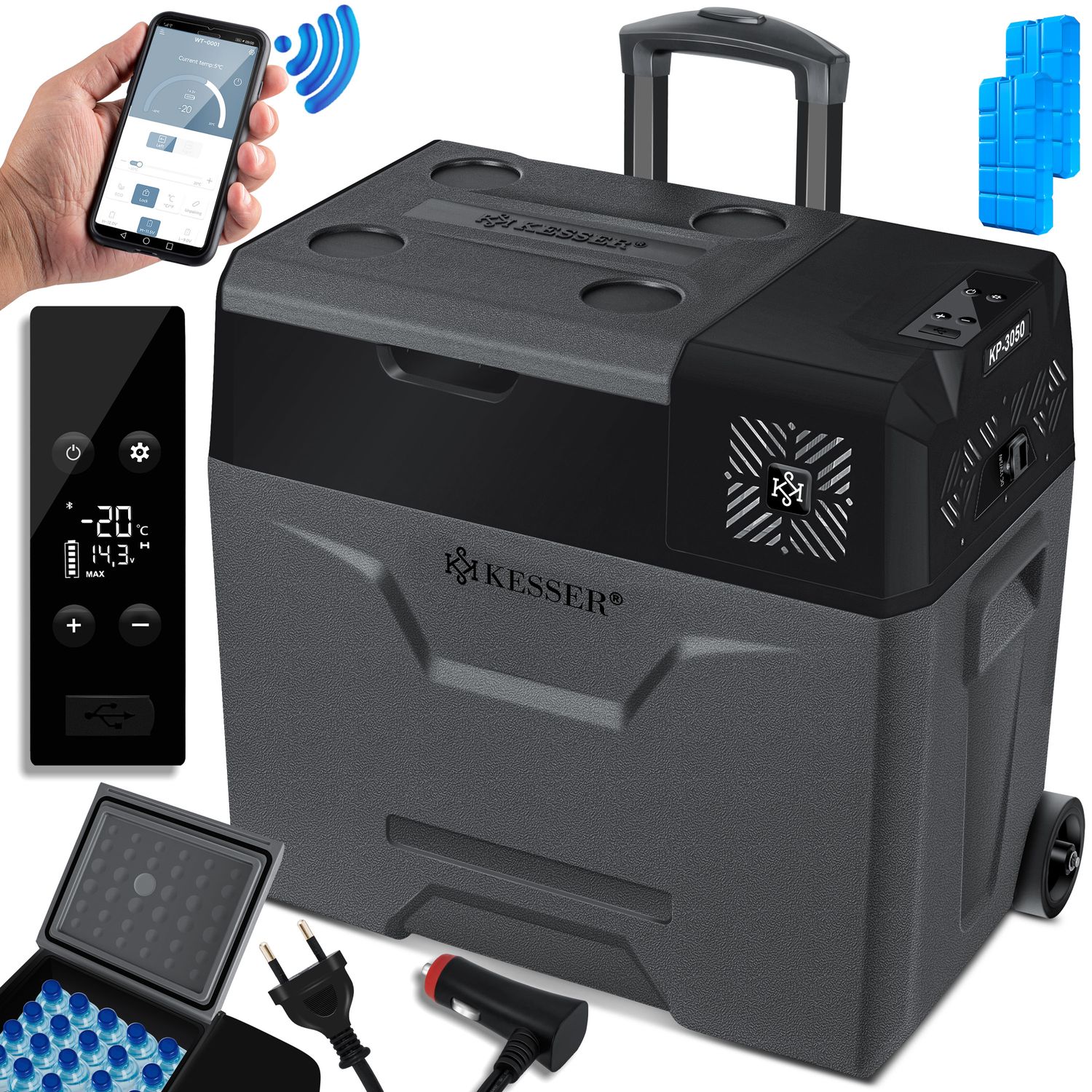 KESSER&reg; Kompressor K&uuml;hlbox elektrisch Gefrierbox, Mit APP-Steuerung USB-Anschluss 12/24 V 230V, +Teleskopstange, K&uuml;hlakkus R&auml;der K&uuml;hlschrank K&uuml;hlung bis -20 &deg;C f&uuml;r Auto, Lkw, Boot, Reisemobil, Camping 