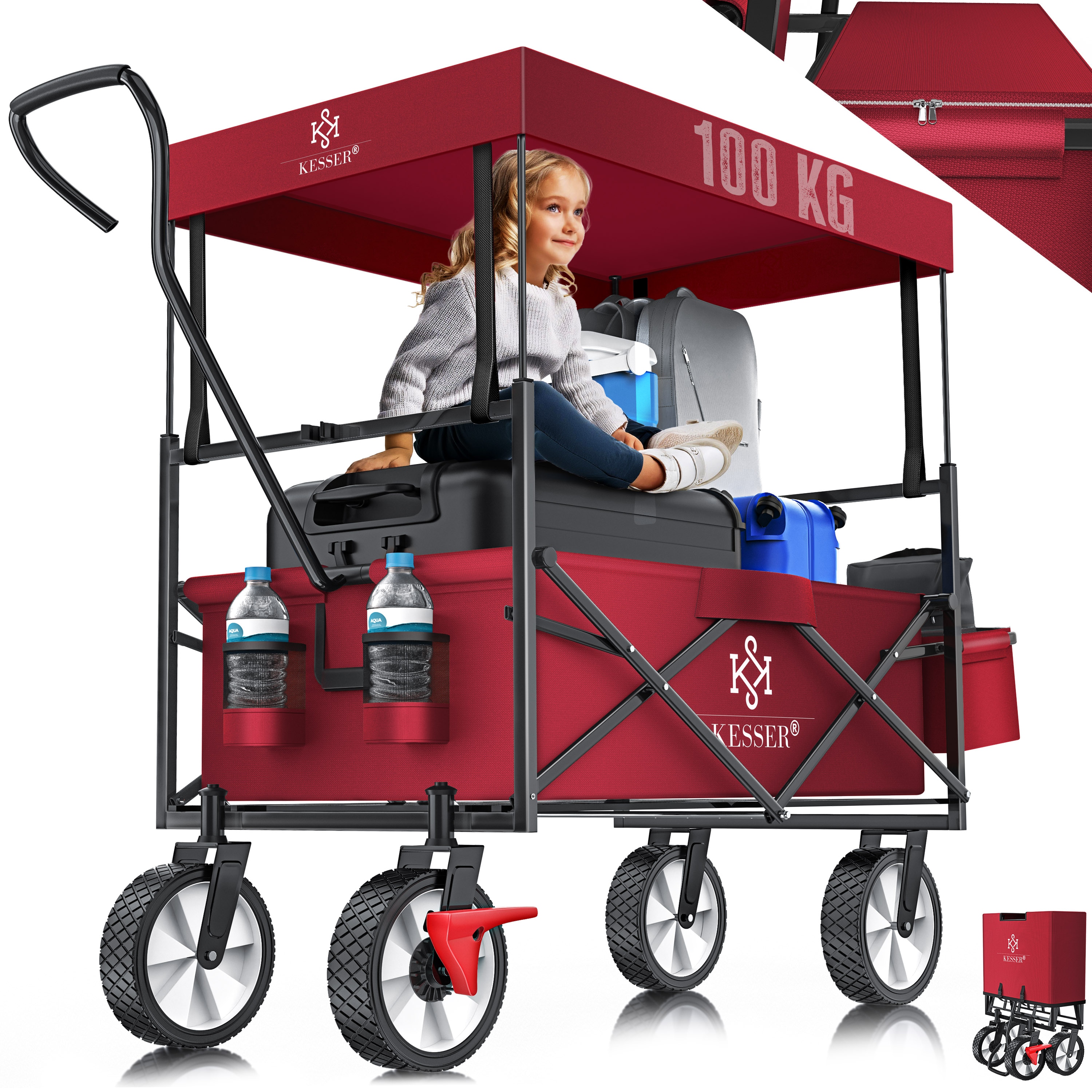 KESSER&reg; Bollerwagen faltbar mit Dach Handwagen Transportkarre Ger&auml;tewagen | inkl. 2 Netztaschen und Einer Au&szlig;entasche | klappbar | Vollgummi-Reifen | bis 100 kg Tragkraft | Mit Vorderrad-Bremse 