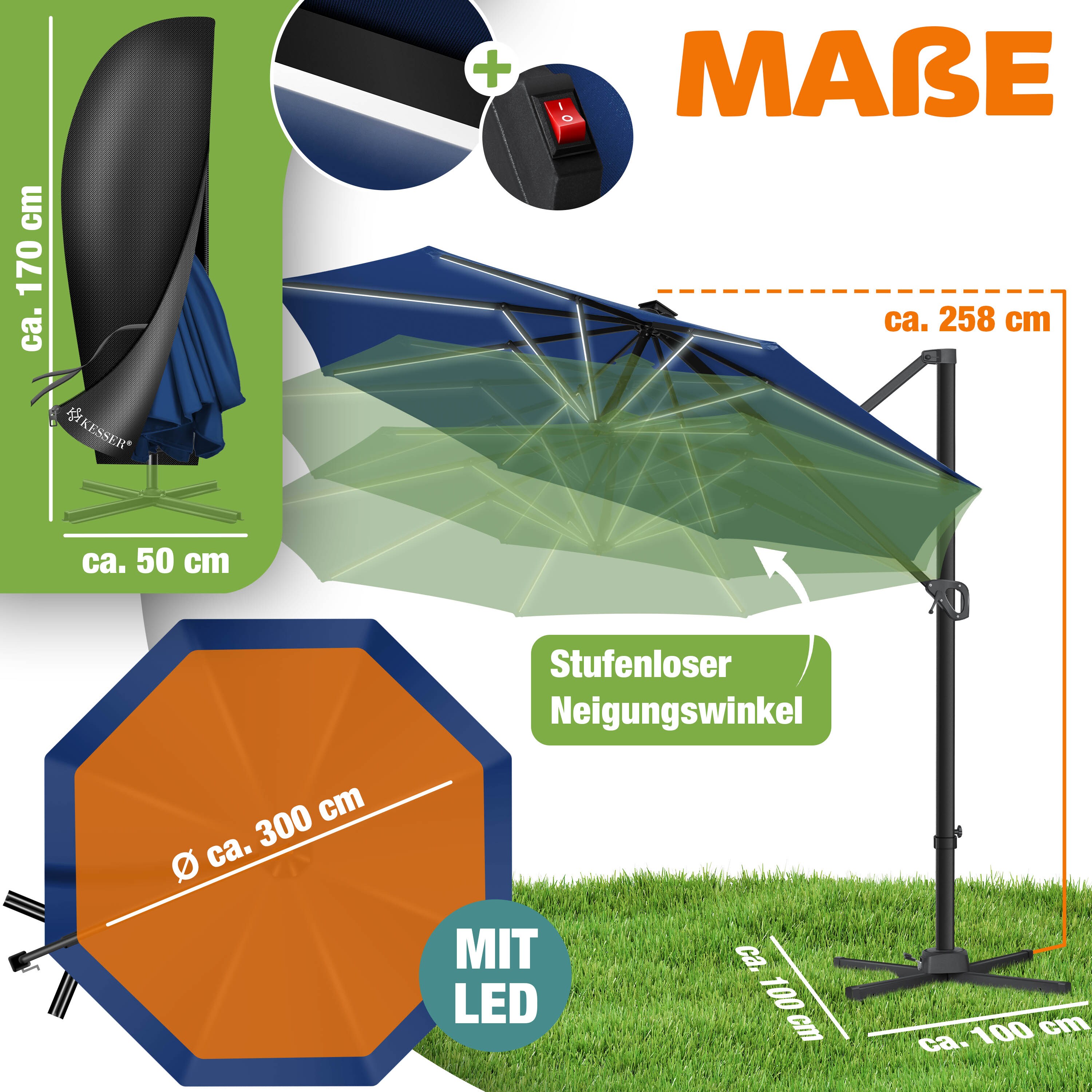 ACAZA Ampelschirm 250x250 Cm – Höhenverstellbar, 360° Drehbar, UV-Schutz, Aluminiumgestell