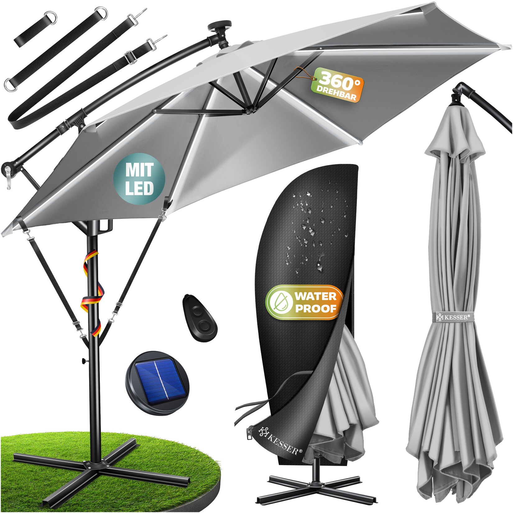 ® Alu Ampelschirm LED Solar + Abdeckung mit Kurbelvorrichtung UV-Schutz Aluminium mit An-/Ausschalter Wasserabweisend - Sonnenschirm Schirm Gartenschirm