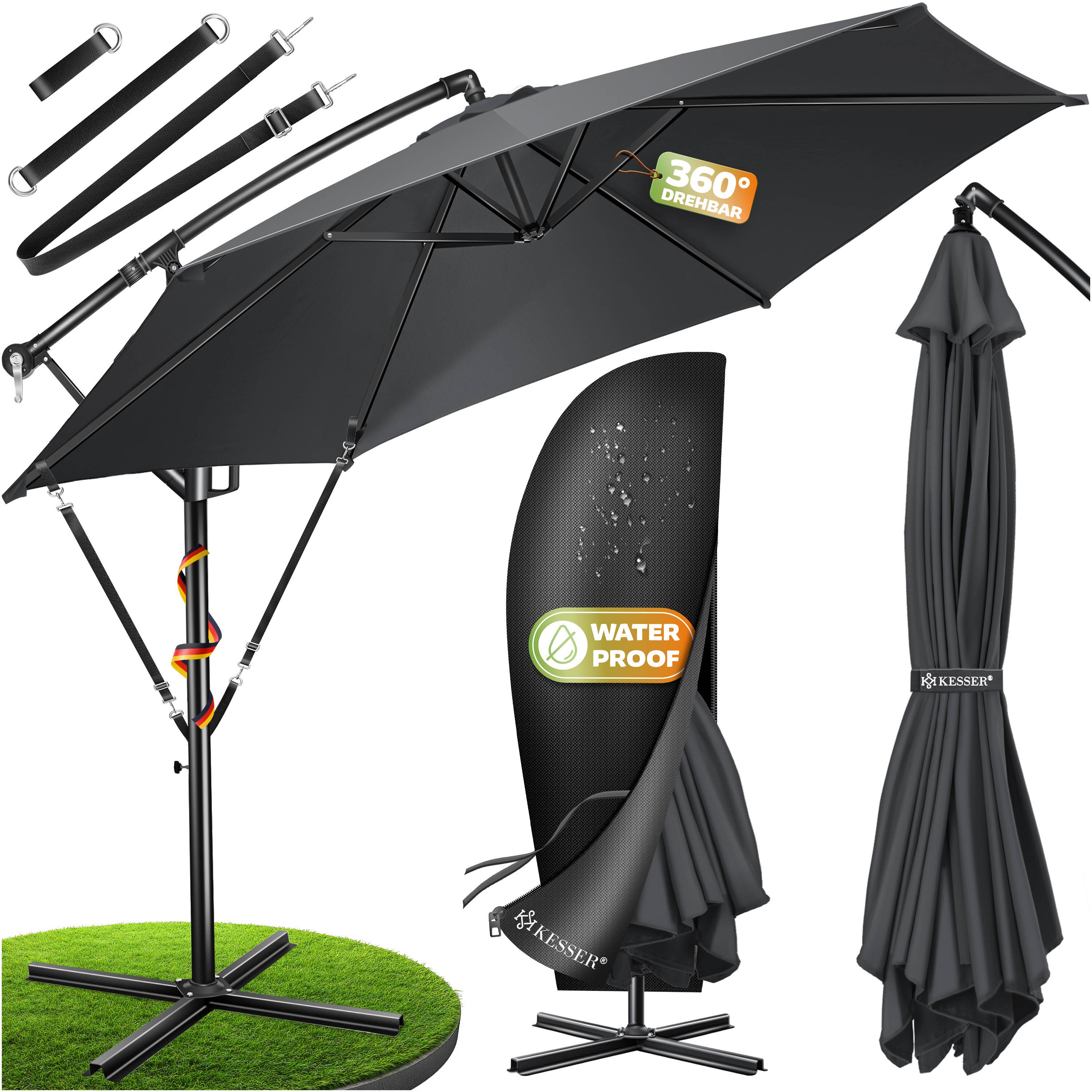 KESSER&reg; Alu Ampelschirm Sonnenschirm + Abdeckung &Oslash;300 cm / &Oslash;350 cm mit Kurbelvorrichtung Kurbelschirm mit St&auml;nder UV-Schutz Aluminium Wasserabweisende Bespannung - Schirm Gartenschirm Marktschirm 