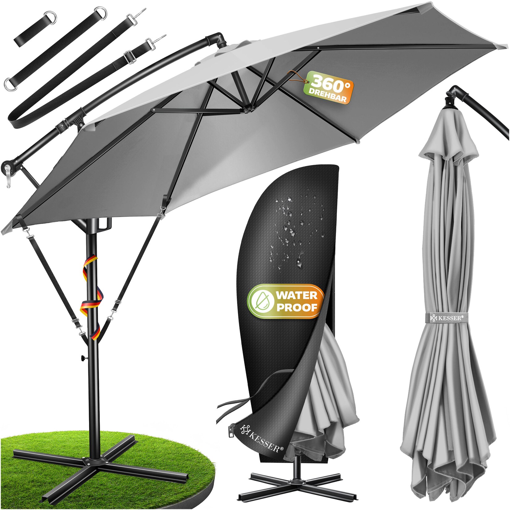 ® Alu Ampelschirm Sonnenschirm + Abdeckung Ø300 cm / Ø350 cm mit Kurbelvorrichtung Kurbelschirm mit Ständer UV-Schutz Aluminium Wasserabweisende Bespannung - Schirm Gartenschirm Marktschirm