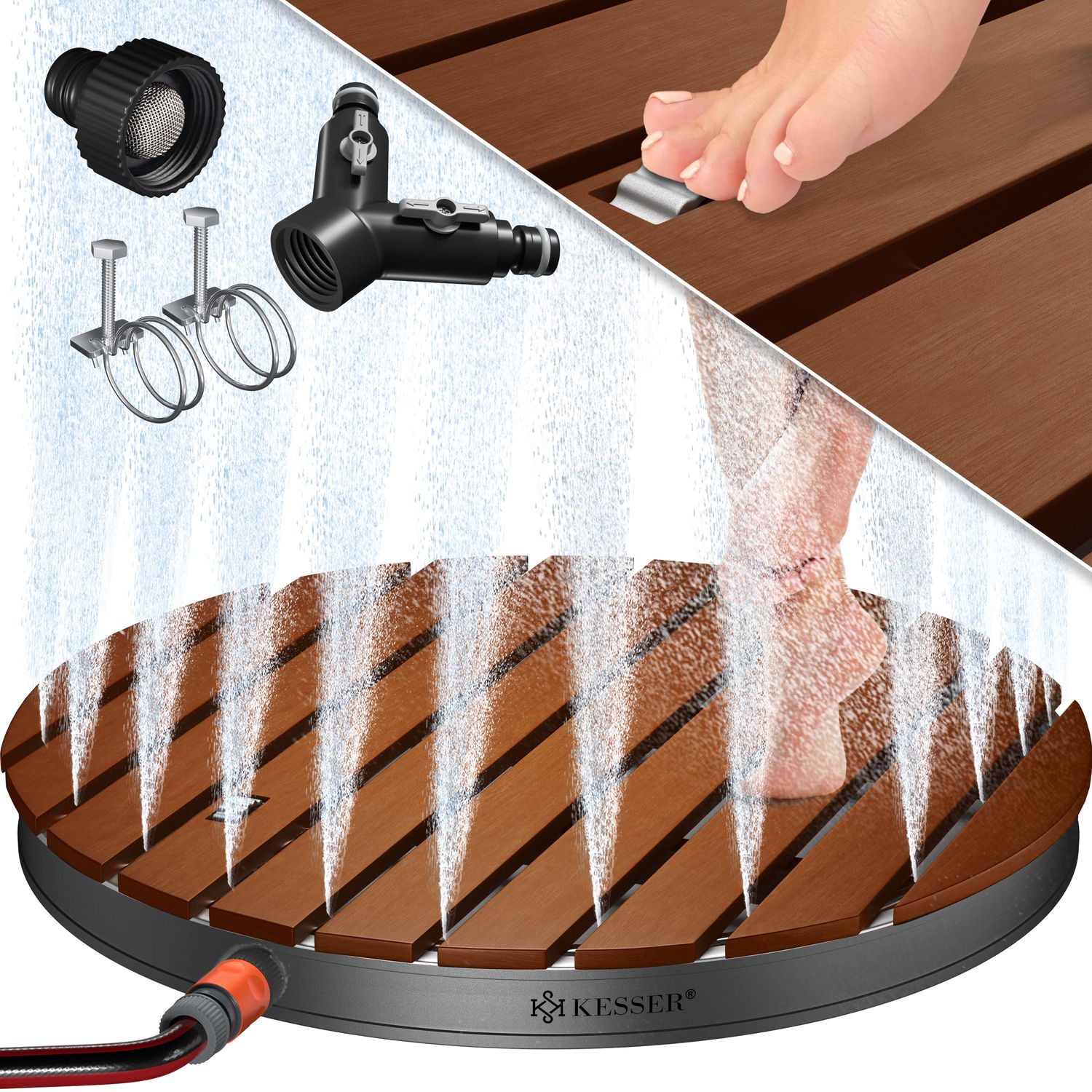 KESSER&reg; Gartendusche Bodendusche Au&szlig;endusche Saunadusche Campingdusche 70x55 cm Rechteck Font&auml;nenh&ouml;he bis 4 m einstellbar Mit Fu&szlig;rad, Aluminium/WPC, rutschfeste Standfl&auml;che Wetterfest, Holzoptik 