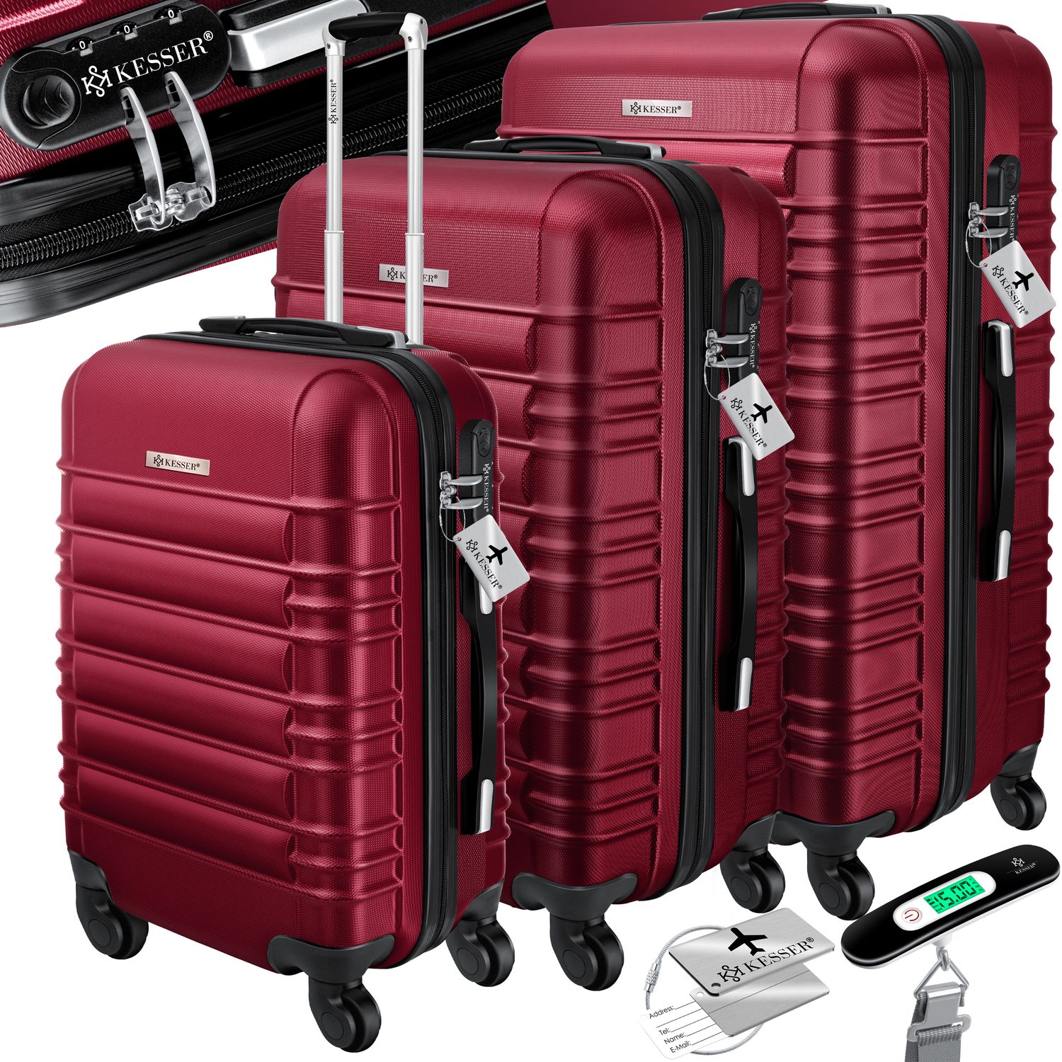 KESSER&reg; 3tlg. Hartschalenkofferset Hartschalenkoffer Reisekoffer Set Reisekofferset Trolley Koffer Inkl. Kofferwaage + Gep&auml;ckanh&auml;nger Rollkoffer Schloss 4 Rollen ABS-Hartschale Teleskopgriff M-L-XL 
