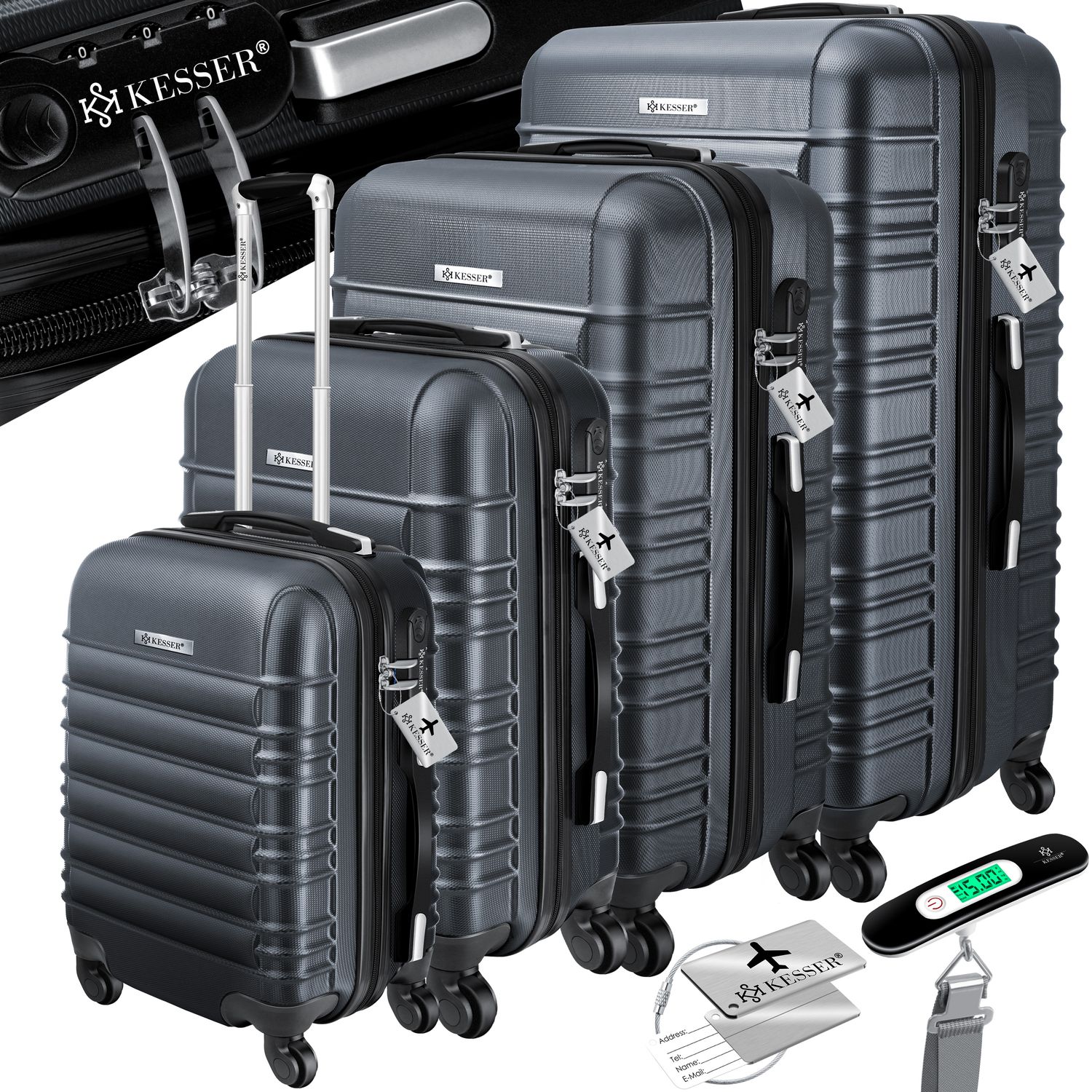 KESSER&reg; 4tlg. Hartschalenkofferset Hartschalenkoffer Reisekoffer Set Reisekofferset Trolley Koffer Inkl. Kofferwaage + Gep&auml;ckanh&auml;nger Rollkoffer Schloss 4 Rollen ABS-Hartschale Teleskopgriff S-M-L-XL 