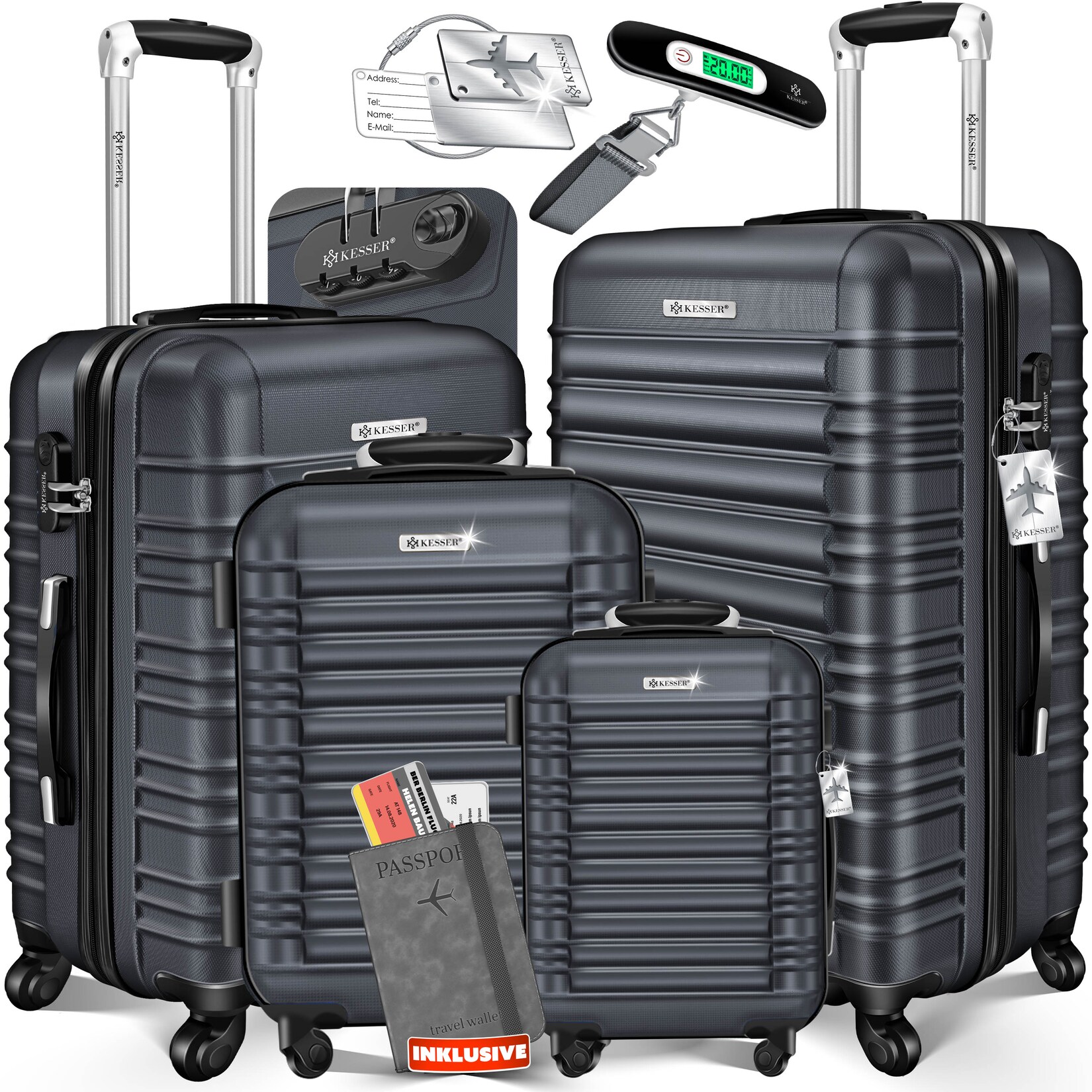 ® 4tlg. Hartschalenkofferset Hartschalenkoffer Reisekoffer Set Reisekofferset Trolley Koffer Inkl. Kofferwaage + Gepäckanhänger Rollkoffer Schloss 4 Rollen ABS-Hartschale Teleskopgriff S-M-L-XL