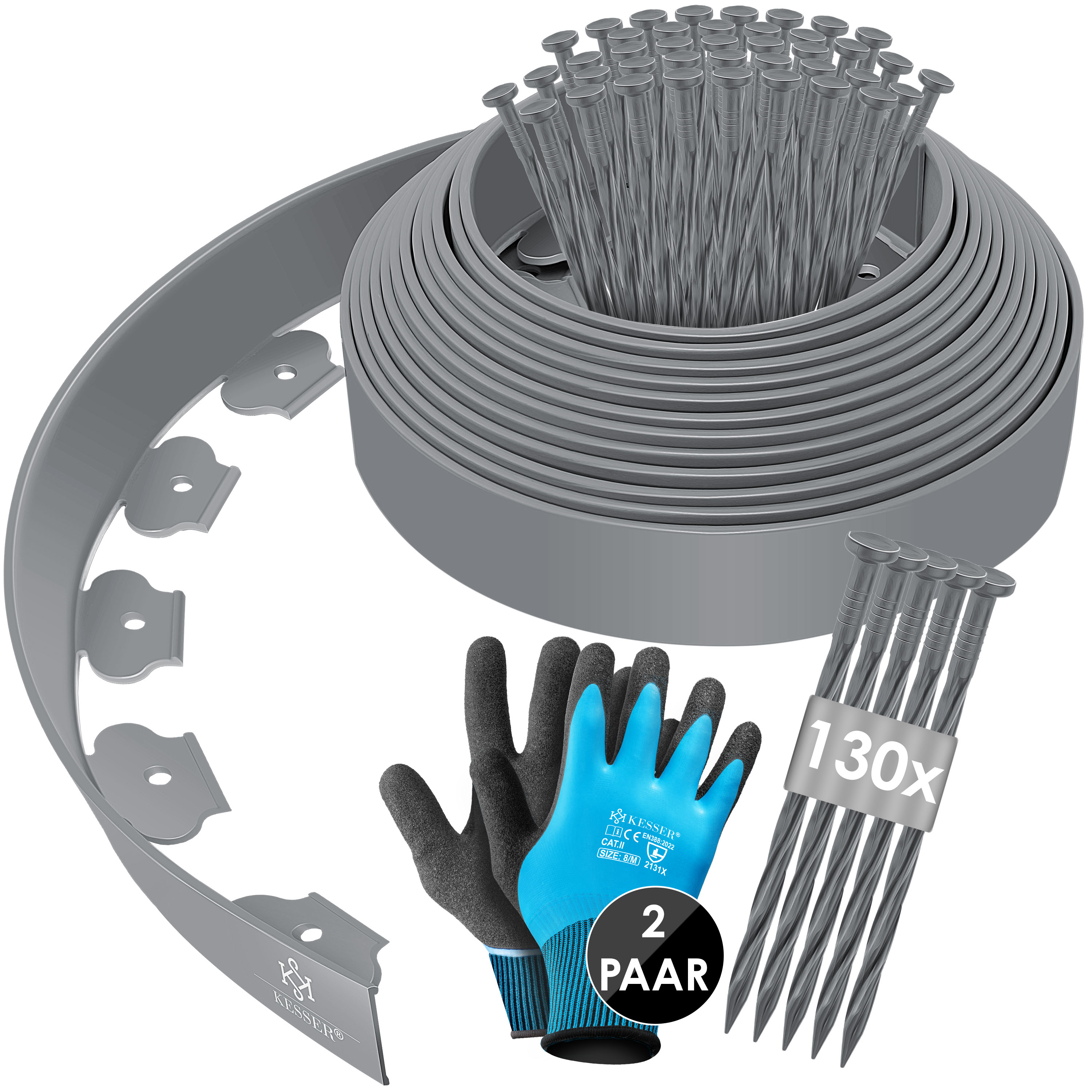 KESSER&reg; Flexible Rasenkante aus Kunststoff L&auml;nge 10m H&ouml;he 5cm, mit 50 Erdanker + Handschuhe, Beeteinfassung Beetumrandung Beetbegrenzung M&auml;hkante Pflastersteine Palisade 