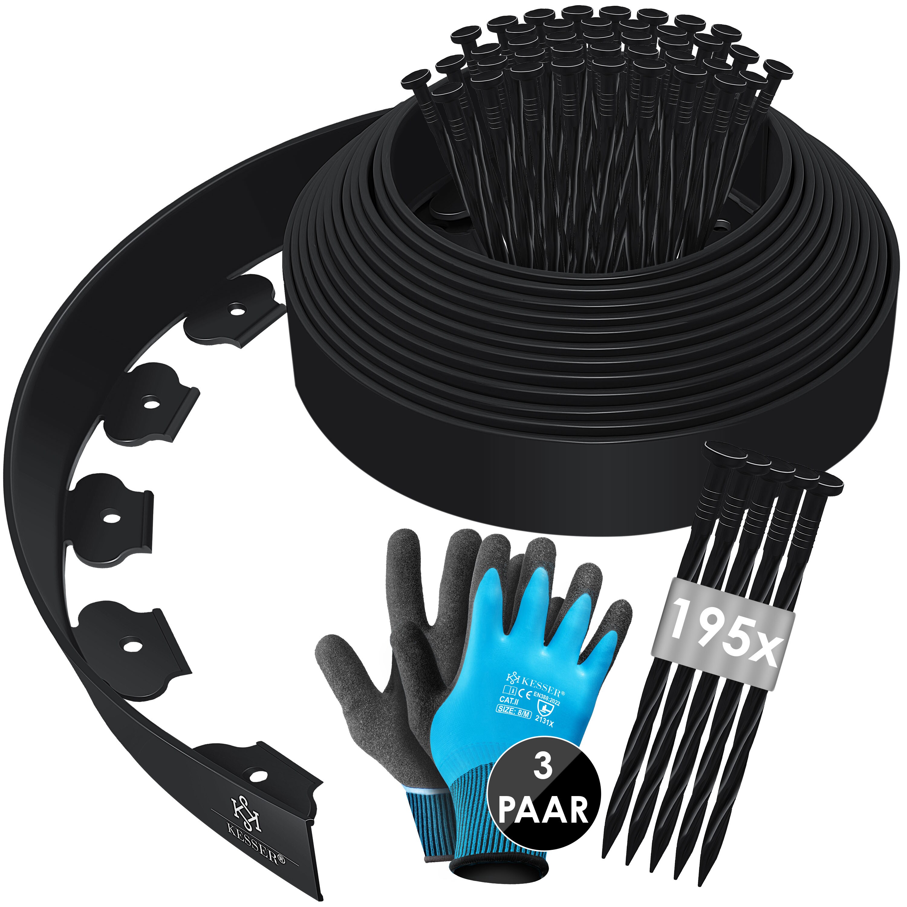 KESSER&reg; Flexible Rasenkante aus Kunststoff L&auml;nge 10m H&ouml;he 5cm, mit 50 Erdanker + Handschuhe, Beeteinfassung Beetumrandung Beetbegrenzung M&auml;hkante Pflastersteine Palisade 