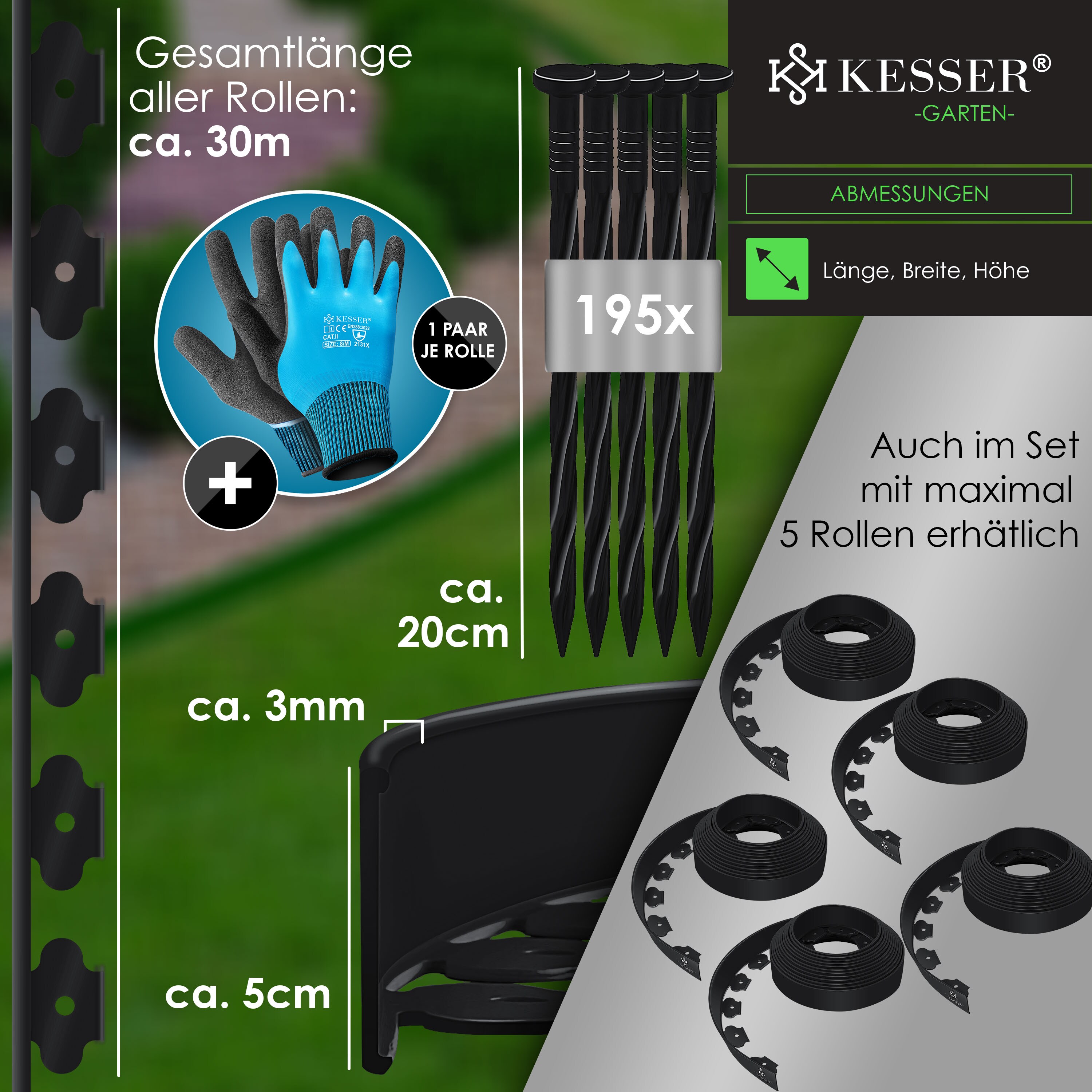 KESSER® Flexibele gazonrand van kunststof, lengte 10 m, hoogte 5 cm, met 50 grondankers 1 paar handschoenen, perkomranding, bloembedbegrenzing, maaikrand, bestratingsstenen, palissade