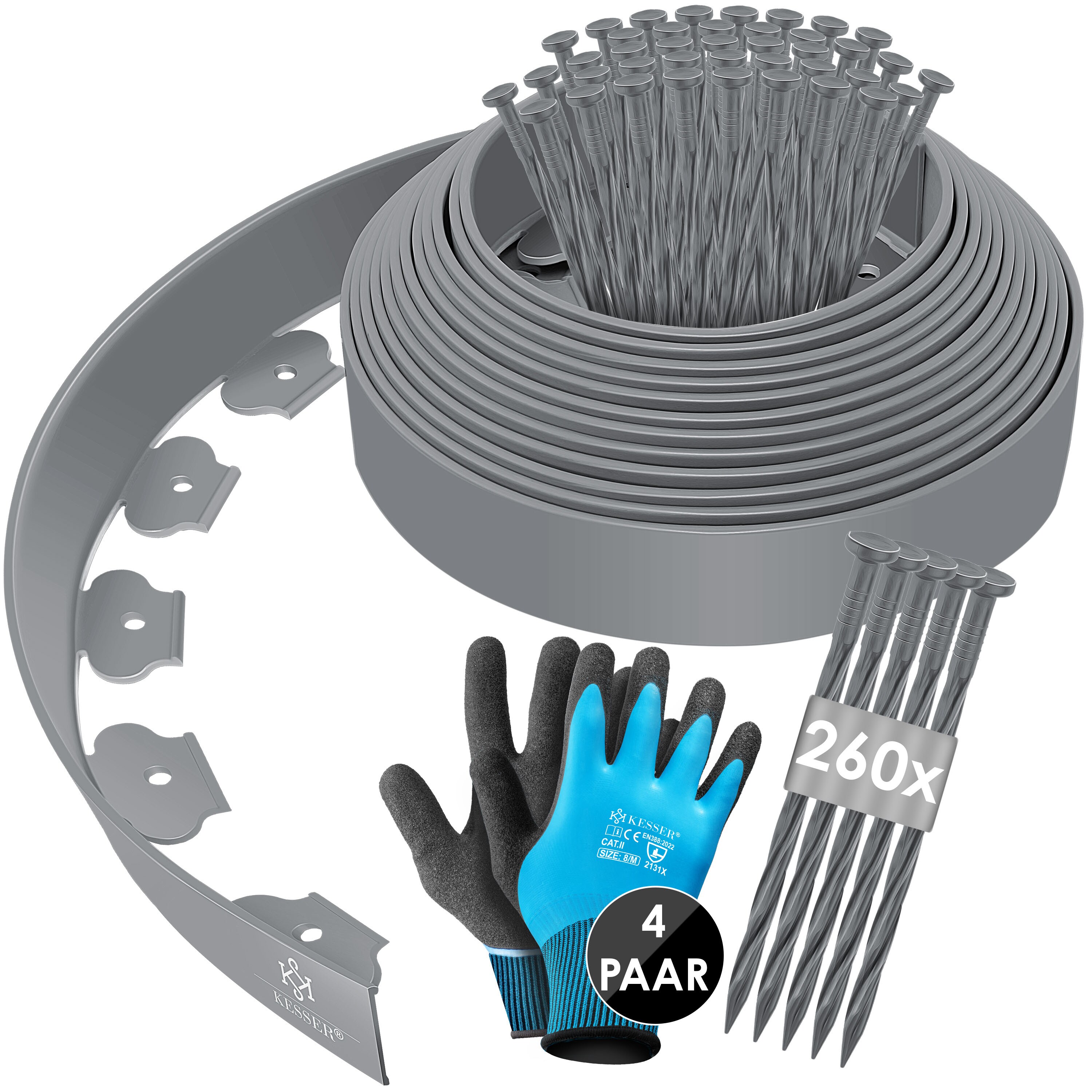 KESSER&reg; Flexible Rasenkante aus Kunststoff L&auml;nge 10m H&ouml;he 5cm, mit 50 Erdanker + Handschuhe, Beeteinfassung Beetumrandung Beetbegrenzung M&auml;hkante Pflastersteine Palisade 