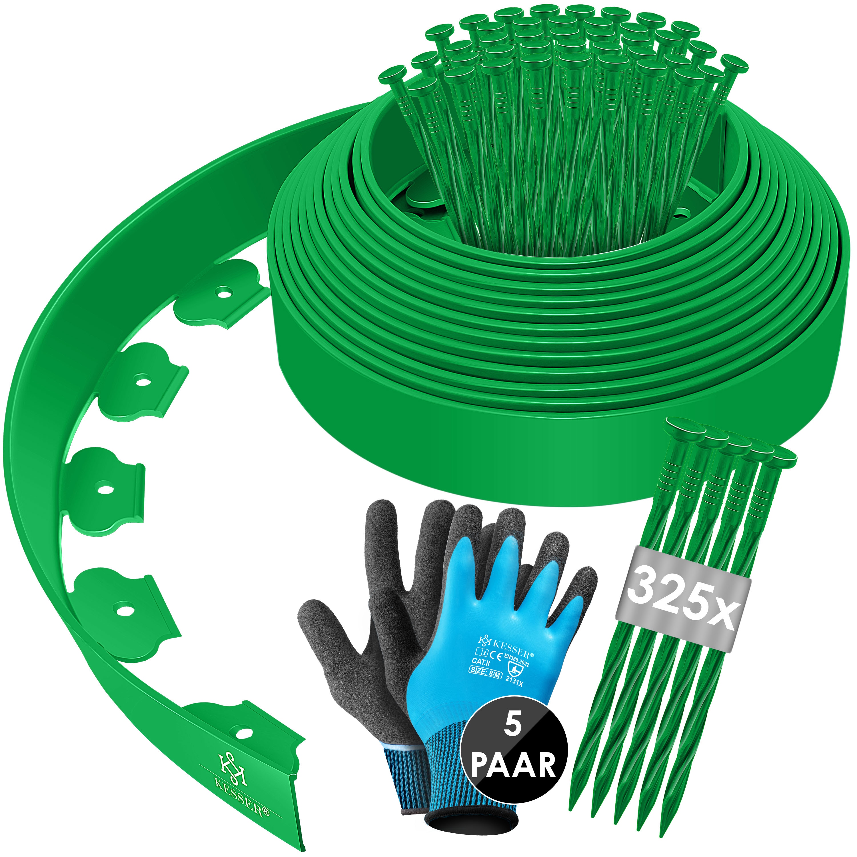 KESSER&reg; Flexible Rasenkante aus Kunststoff L&auml;nge 10m H&ouml;he 5cm, mit 50 Erdanker + Handschuhe, Beeteinfassung Beetumrandung Beetbegrenzung M&auml;hkante Pflastersteine Palisade 