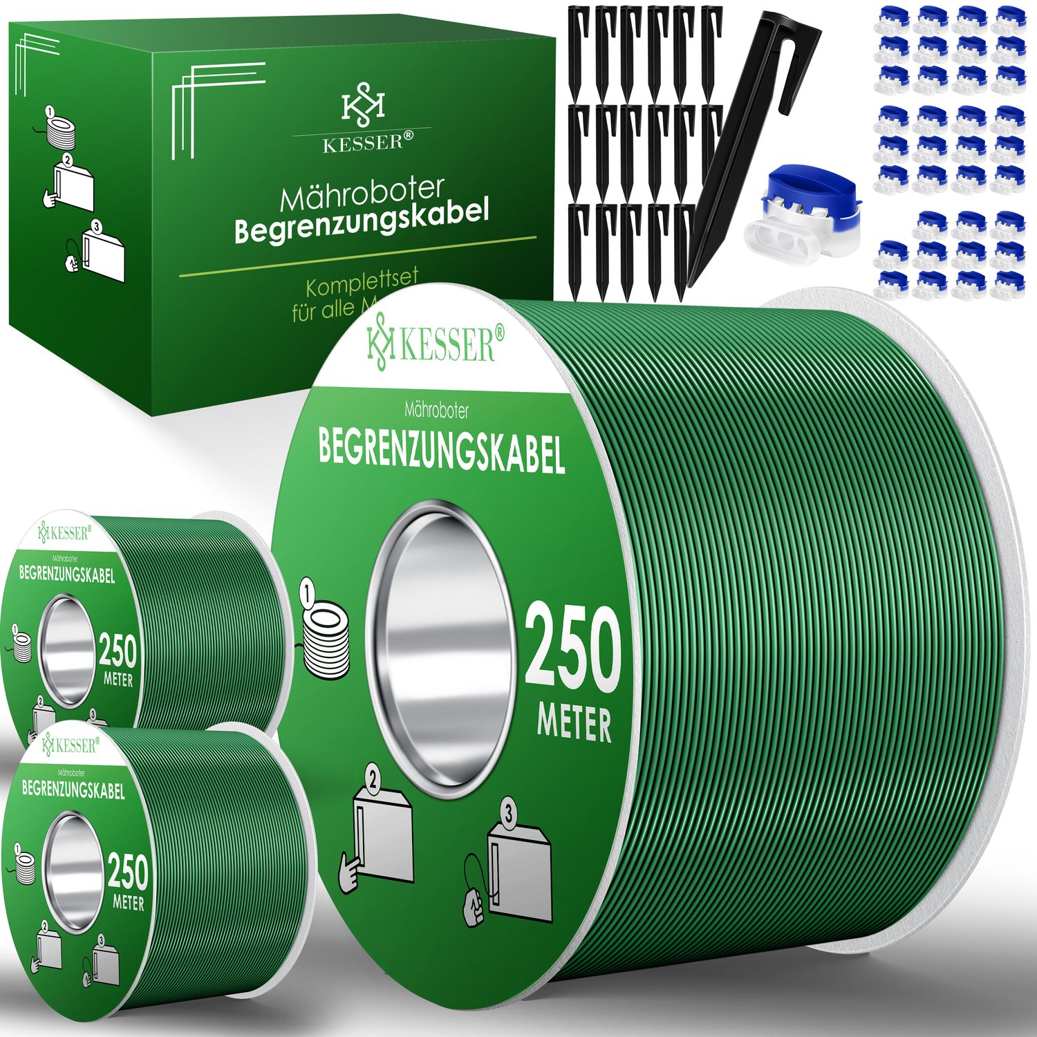 KESSER&reg; Begrenzungskabel + Erdspie&szlig;e + Kabelverbinder f&uuml;r M&auml;hroboter Rasenm&auml;her Rasenroboter Zubeh&ouml;r SET Begrenzungsdraht Universal kompatibel mit GARDENA/BOSCH/WORX/HONDA/ROBOMOW 
