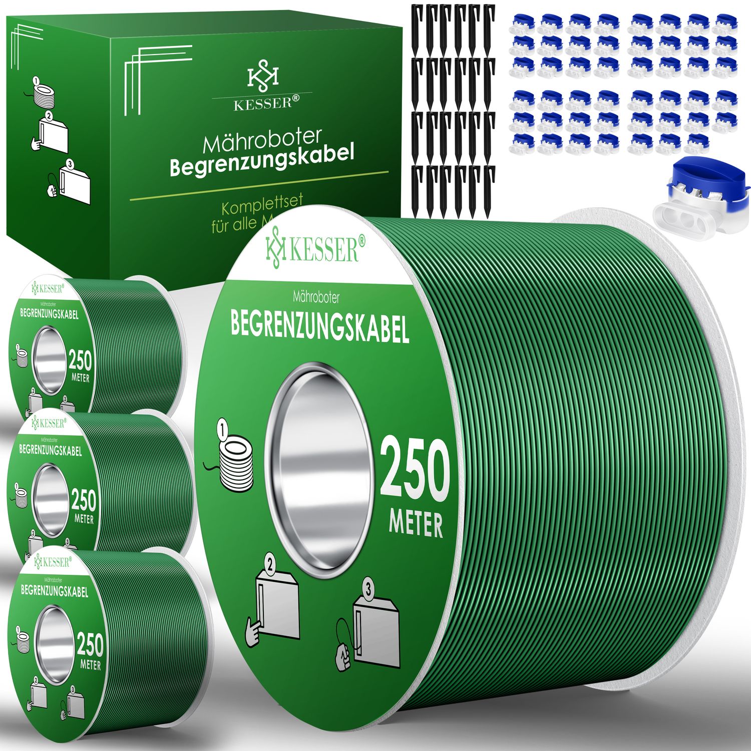 KESSER&reg; Begrenzungskabel + Erdspie&szlig;e + Kabelverbinder f&uuml;r M&auml;hroboter Rasenm&auml;her Rasenroboter Zubeh&ouml;r SET Begrenzungsdraht Universal kompatibel mit GARDENA/BOSCH/WORX/HONDA/ROBOMOW 