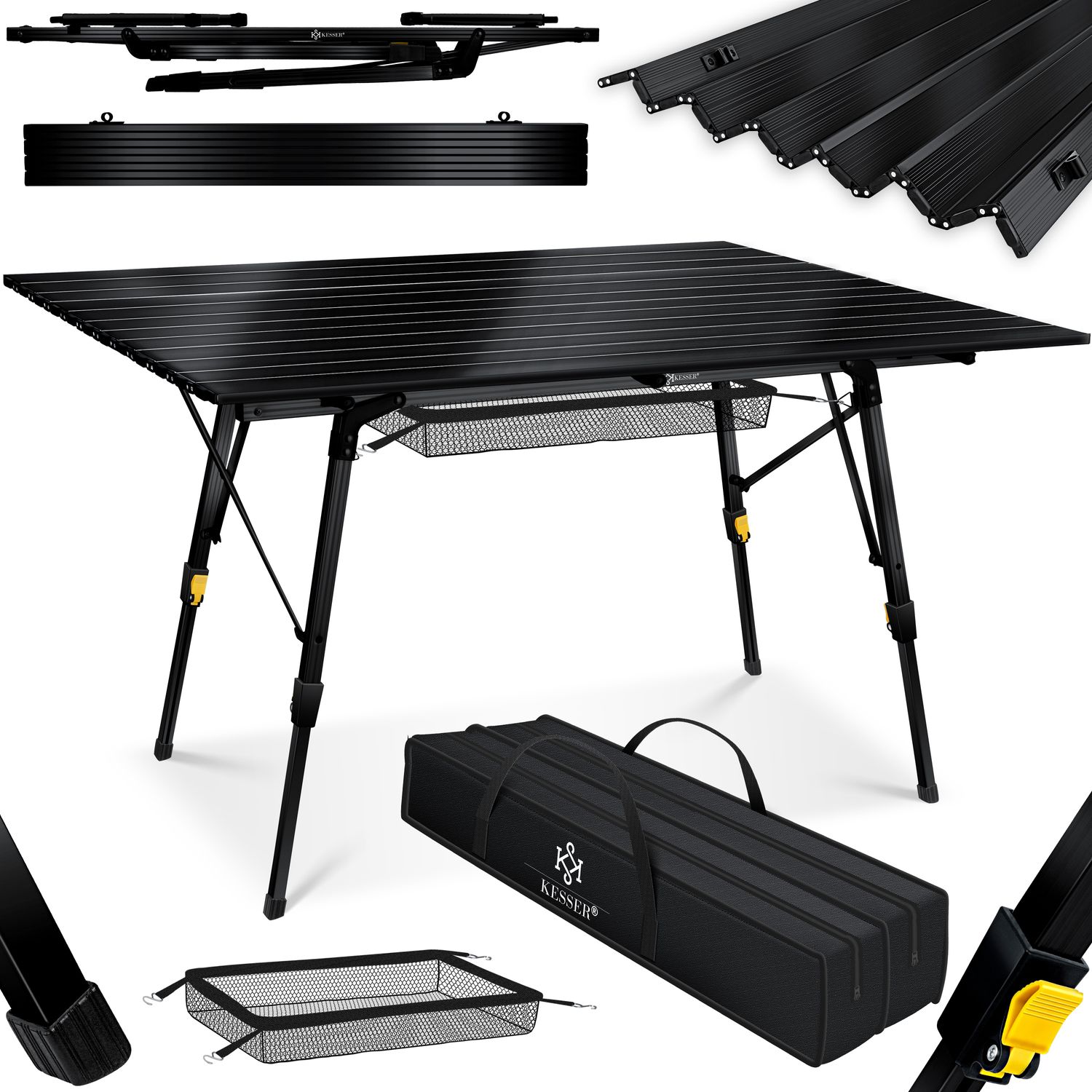 KESSER&reg; Campingtisch faltbar Klapptisch mit Aluminiumrahmen Aufrollbare Tischplatte Falttisch klappbar h&ouml;henverstellbar inkl. Tragetasche mit Trageband & Netztasche 