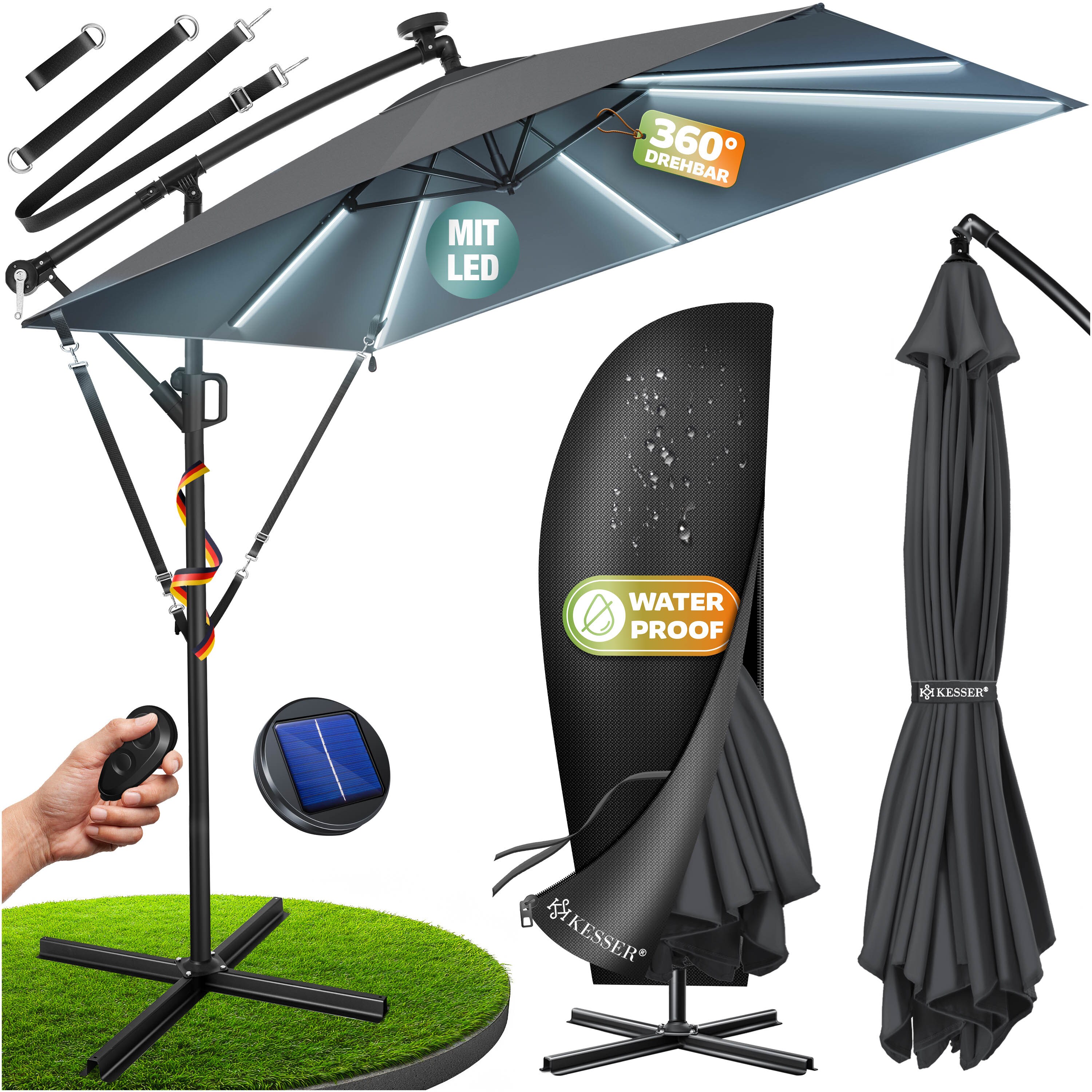KESSER&reg; Ampelschirm Holly Sonnenschirm Rechteckig mit und ohne LED Solar inkl. Abdeckung + Windsicherung mit Kurbel | Kurbel-Schirm mit St&auml;nder UV-Schutz Aluminium Wasserabweisend &Oslash;350cm Gartenschirm 