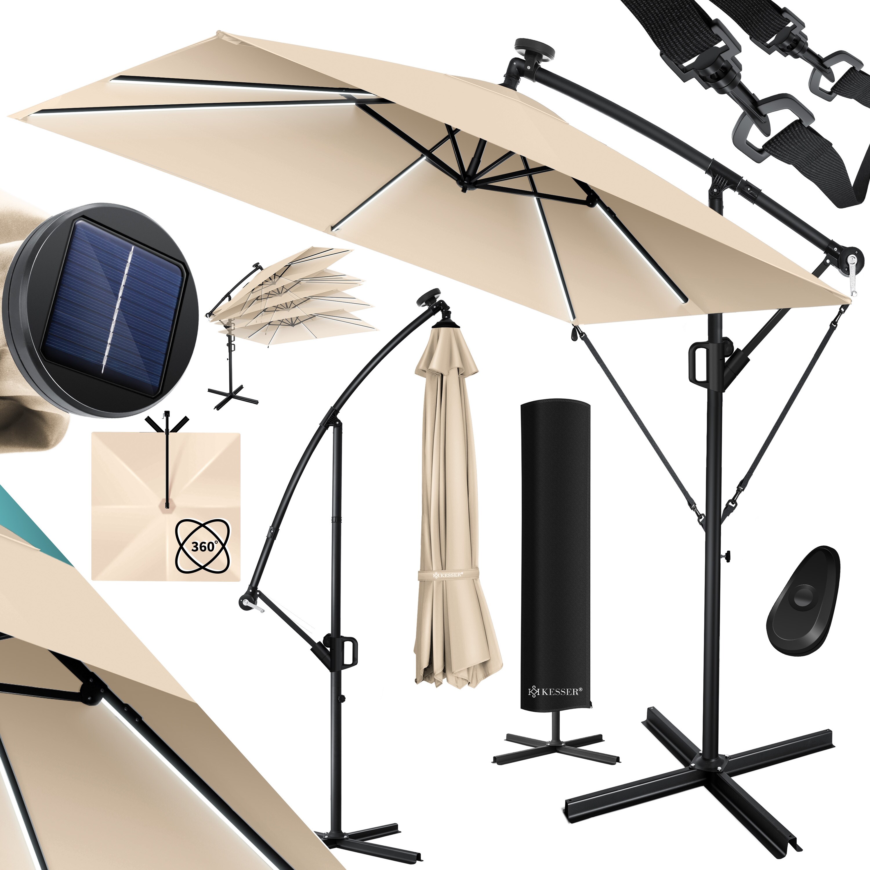 KESSER&reg; Ampelschirm Holly Sonnenschirm Rechteckig mit und ohne LED Solar inkl. Abdeckung + Windsicherung mit Kurbel | Kurbel-Schirm mit St&auml;nder UV-Schutz Aluminium Wasserabweisend &Oslash;350cm Gartenschirm 