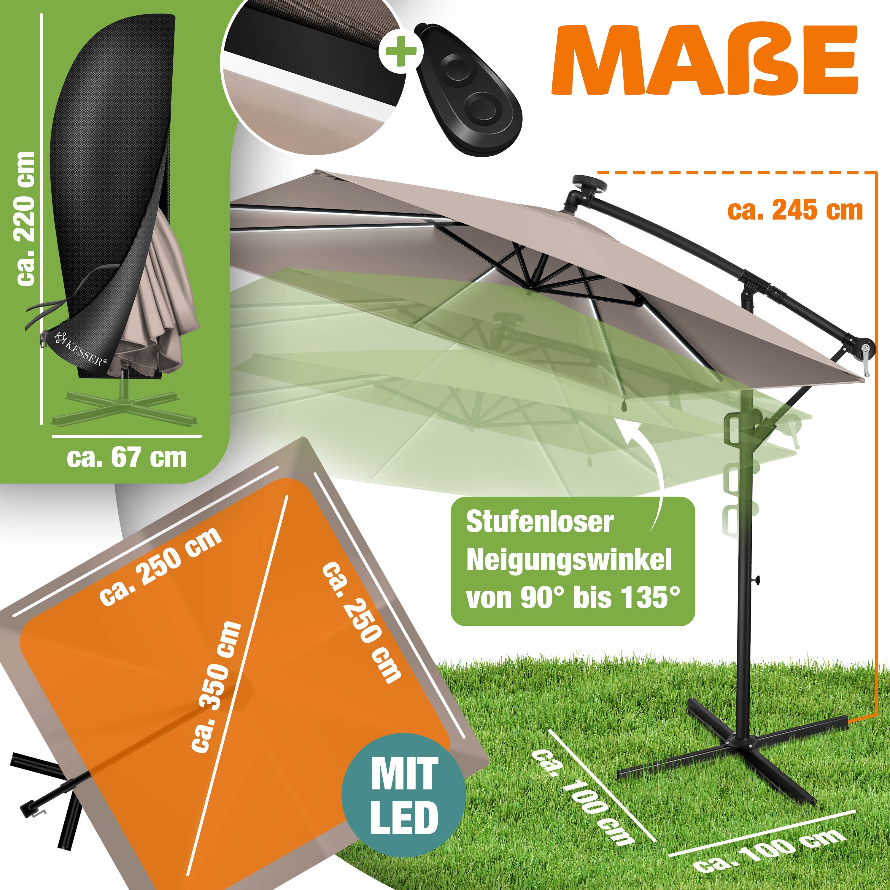 KESSER® Ampelschirm Holly Rechteckig 350 Cm – Mit Kurbel, UV-Schutz, Alu-Gestell, Inkl. Abdeckung & Windsicherung – Perfekt Für Garten & Terrasse