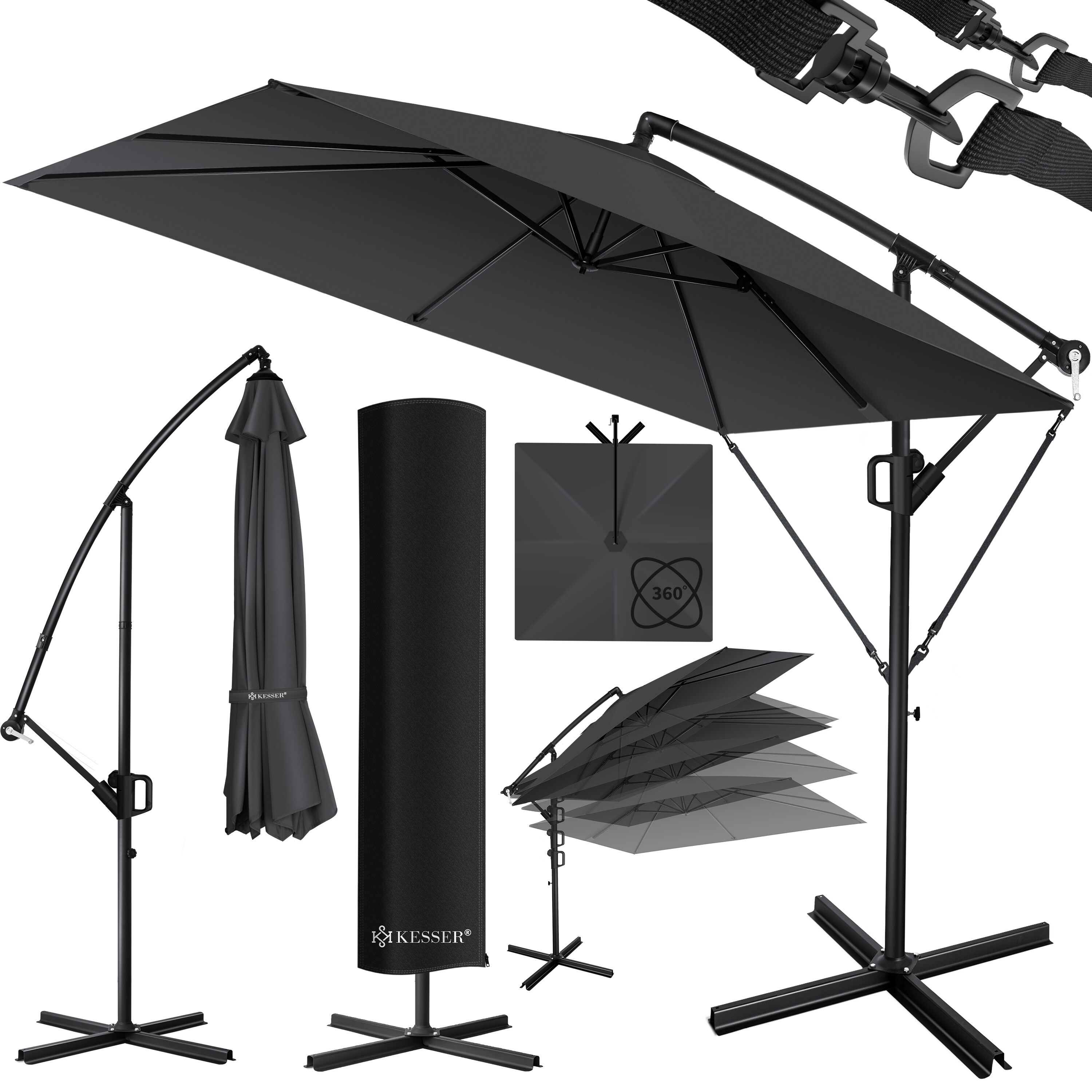 KESSER&reg; Ampelschirm Holly Sonnenschirm Rechteckig mit und ohne LED Solar inkl. Abdeckung + Windsicherung mit Kurbel | Kurbel-Schirm mit St&auml;nder UV-Schutz Aluminium Wasserabweisend &Oslash;350cm Gartenschirm 