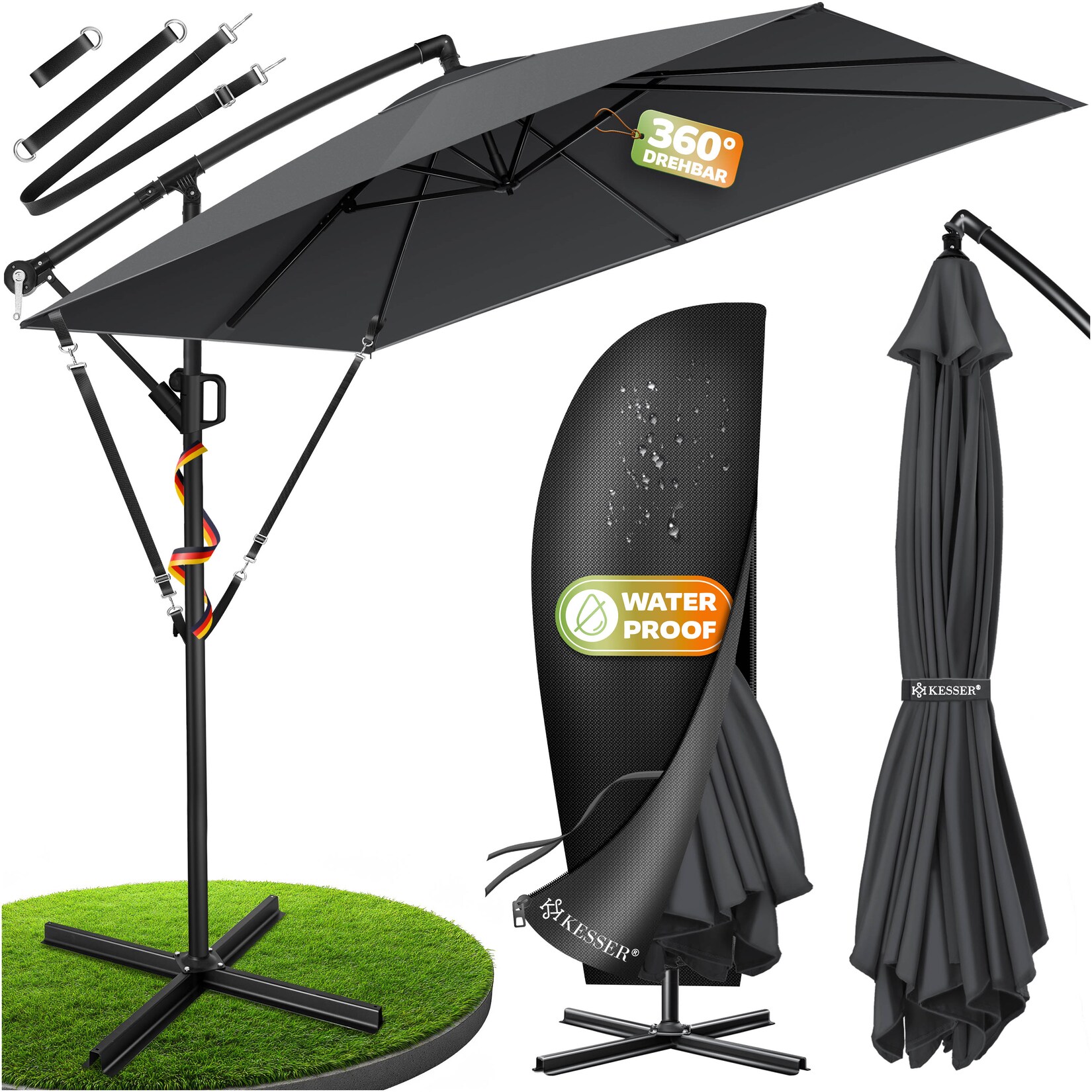 ® Ampelschirm Holly Sonnenschirm Rechteckig mit und ohne LED Solar inkl. Abdeckung + Windsicherung mit Kurbel   Kurbel-Schirm mit Ständer UV-Schutz Aluminium Wasserabweisend Ø350cm Gartenschirm