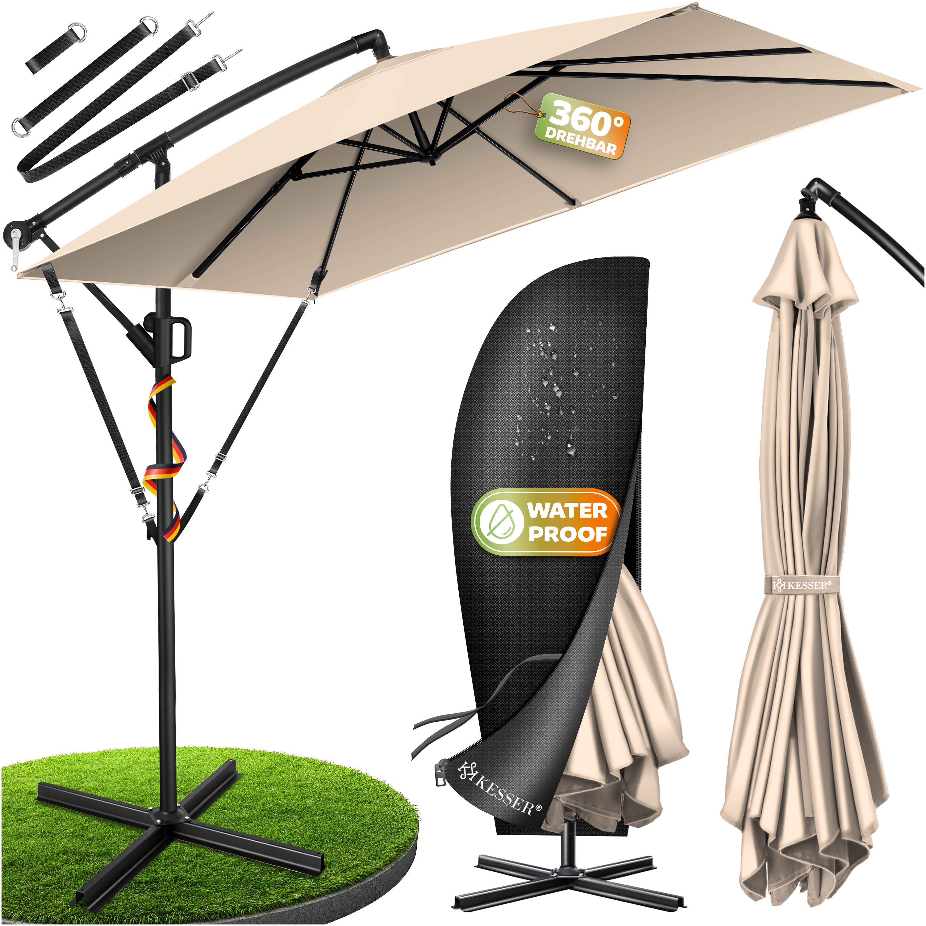 KESSER&reg; Ampelschirm Holly Sonnenschirm Rechteckig mit und ohne LED Solar inkl. Abdeckung + Windsicherung mit Kurbel | Kurbel-Schirm mit St&auml;nder UV-Schutz Aluminium Wasserabweisend &Oslash;350cm Gartenschirm 