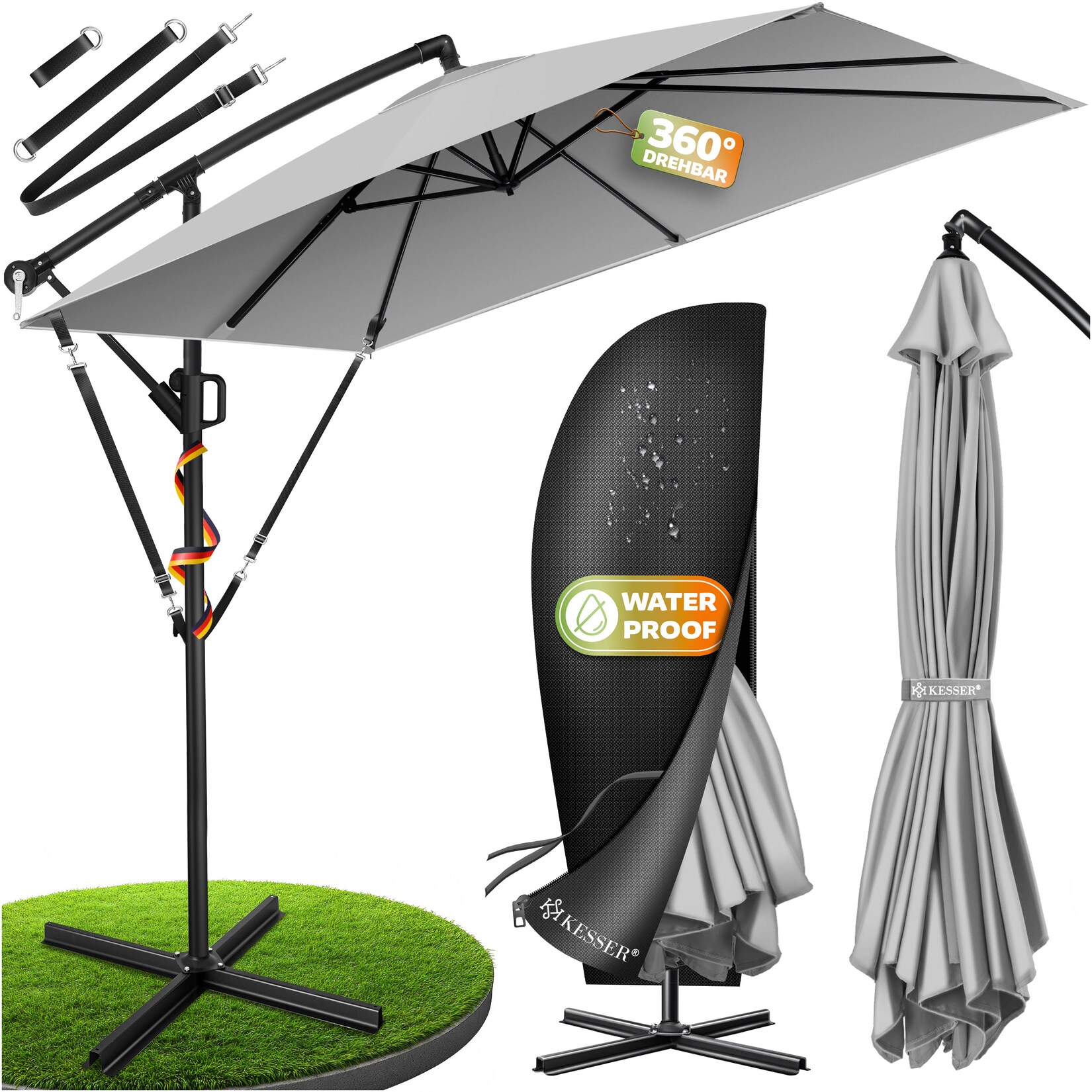 ® Ampelschirm Holly Sonnenschirm Rechteckig mit und ohne LED Solar inkl. Abdeckung + Windsicherung mit Kurbel   Kurbel-Schirm mit Ständer UV-Schutz Aluminium Wasserabweisend Ø350cm Gartenschirm