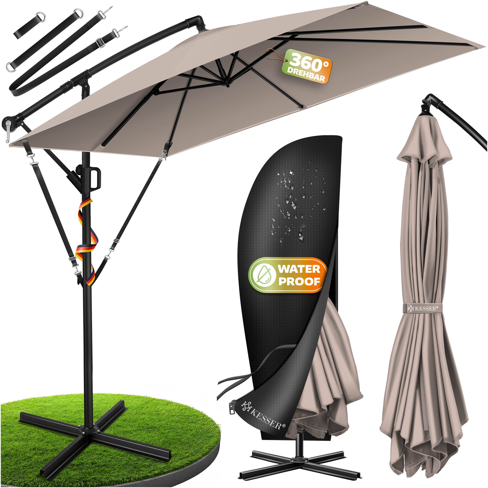 ® Ampelschirm Holly Sonnenschirm Rechteckig mit und ohne LED Solar inkl. Abdeckung + Windsicherung mit Kurbel   Kurbel-Schirm mit Ständer UV-Schutz Aluminium Wasserabweisend Ø350cm Gartenschirm