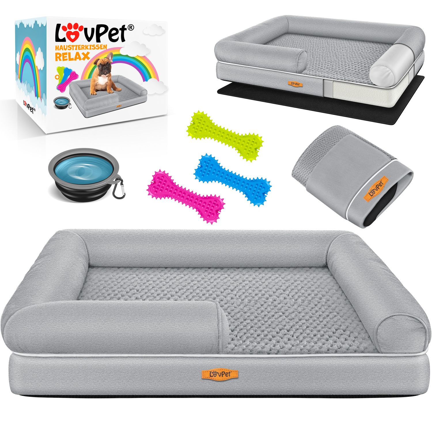 LovPet&reg; Orthop&auml;disches Hundebett Hundekissen Hundekorb Relax, Inkl. Napf + 3X Kauknochen, Hundesofa f&uuml;r Kleine, Mittelgro&szlig;e & Gro&szlig;e Hunde, Bezug abnehmbar und waschbar 