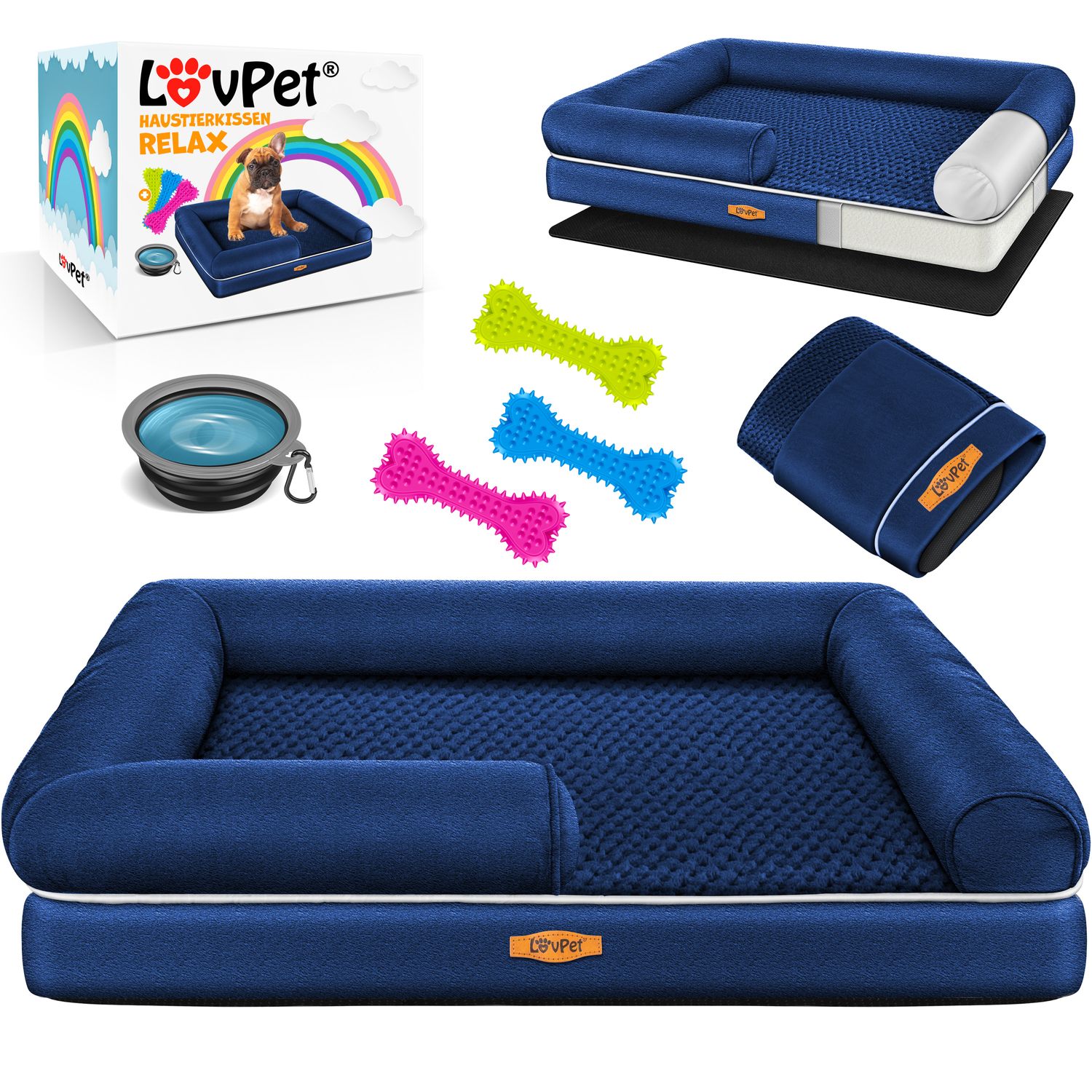 LovPet&reg; Orthop&auml;disches Hundebett Hundekissen Hundekorb Relax, Inkl. Napf + 3X Kauknochen, Hundesofa f&uuml;r Kleine, Mittelgro&szlig;e & Gro&szlig;e Hunde, Bezug abnehmbar und waschbar 