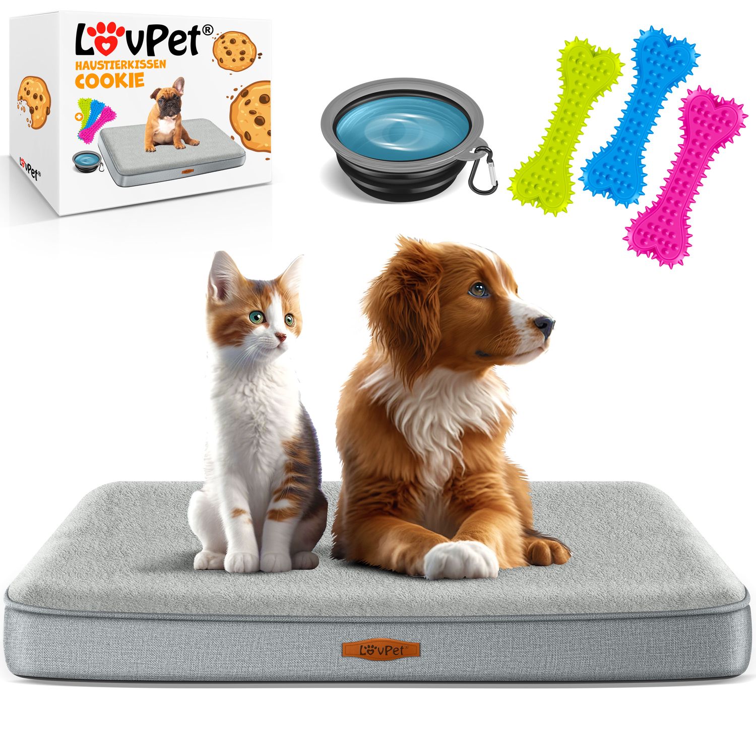 LovPet&reg; Hundebett orthop&auml;disches Hundekissen Hundekorb Cookie, Inkl. Napf + 3X Kauknochen, Hundesofa f&uuml;r Kleine, Mittelgro&szlig;e & Gro&szlig;e Hunde, Bezug abnehmbar und waschbar 