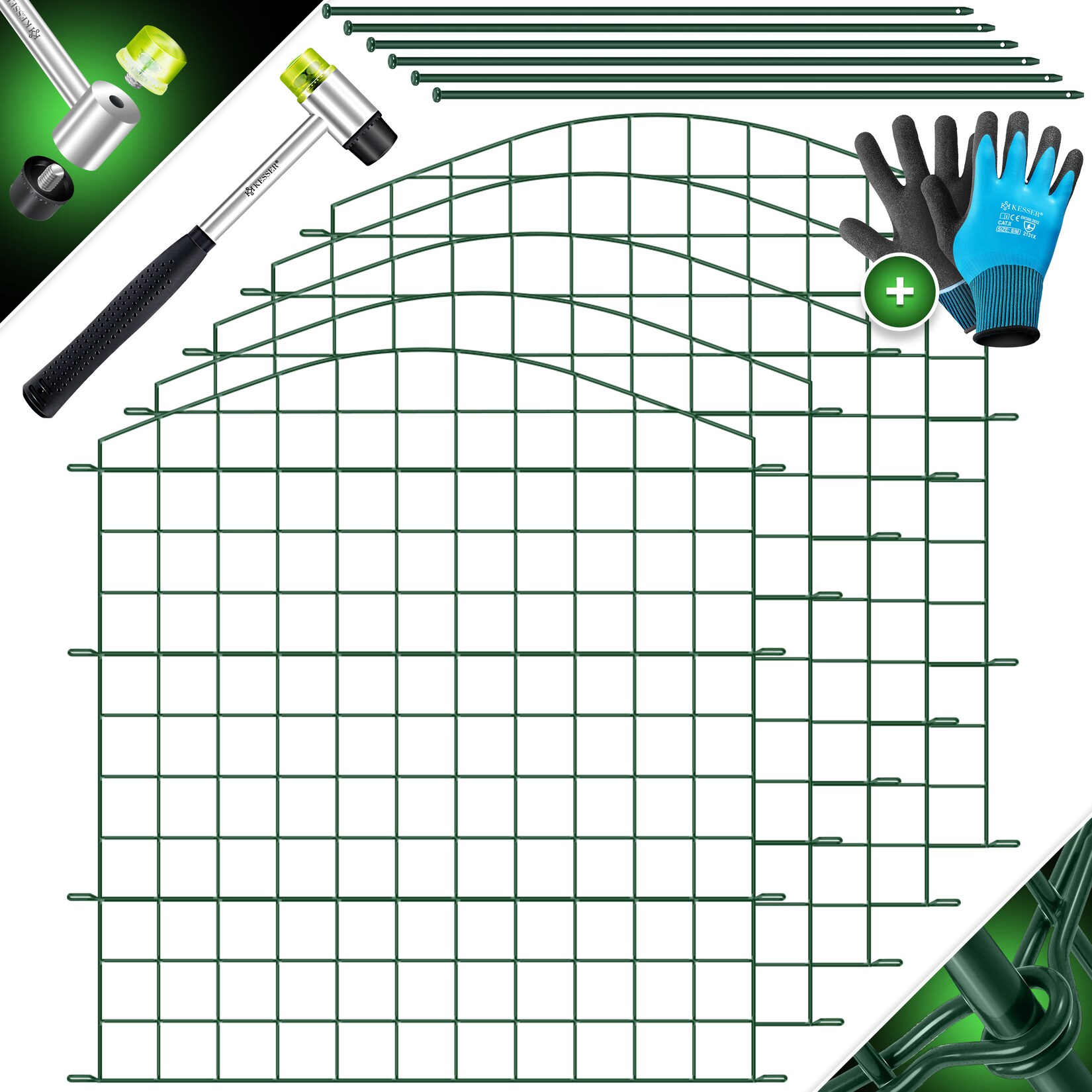 ® Teichzaun Gartenzaun Steckzaun Komplettset Metall Zaunelemente Inkl. Hammer + Befestigungsstäben, Zaun zum stecken für Garten, Oberbogen Rund Gitterzaun Set Freigehege für Hunde