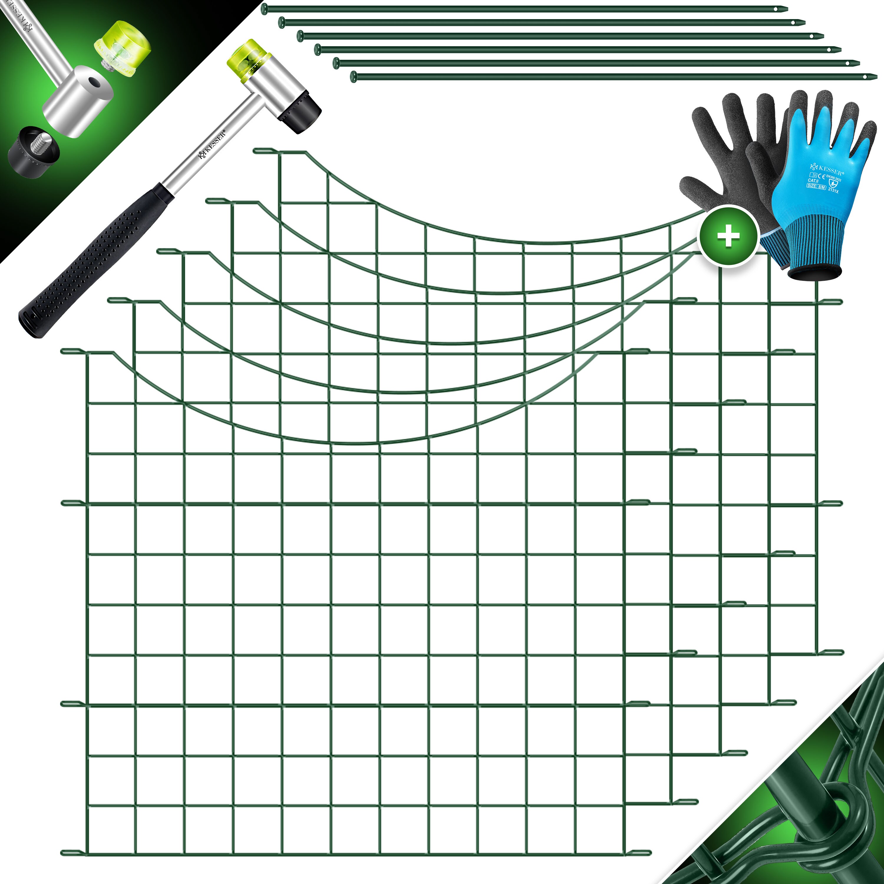 KESSER&reg; Teichzaun Gartenzaun Steckzaun Komplettset Metall Zaunelemente Inkl. Hammer + Befestigungsst&auml;ben, Zaun zum stecken f&uuml;r Garten, Oberbogen Rund Gitterzaun Set Freigehege f&uuml;r Hunde 