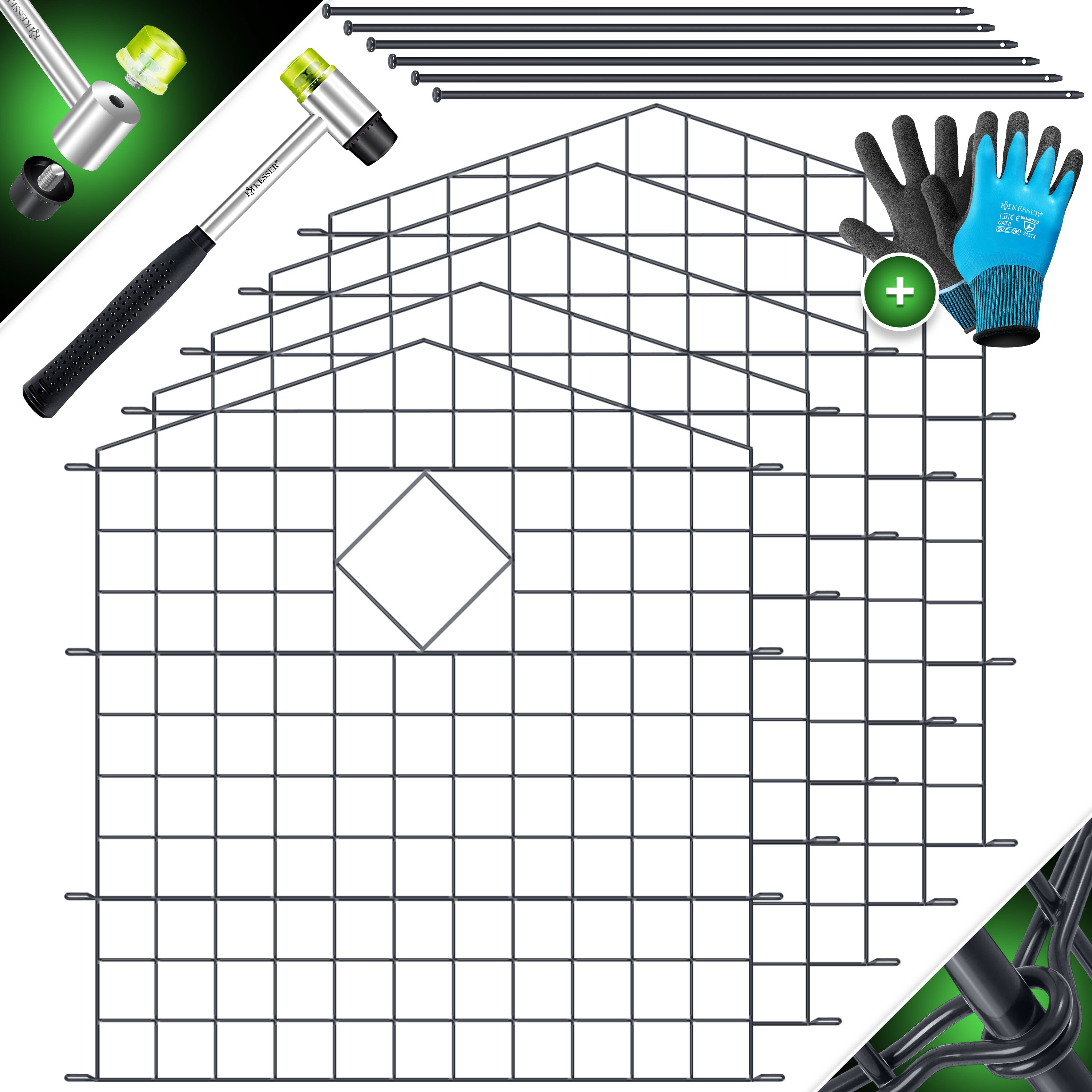 KESSER&reg; Teichzaun Gartenzaun Steckzaun Komplettset Metall Zaunelemente Inkl. Hammer + Befestigungsst&auml;ben, Zaun zum stecken f&uuml;r Garten, Oberbogen Rund Gitterzaun Set Freigehege f&uuml;r Hunde 