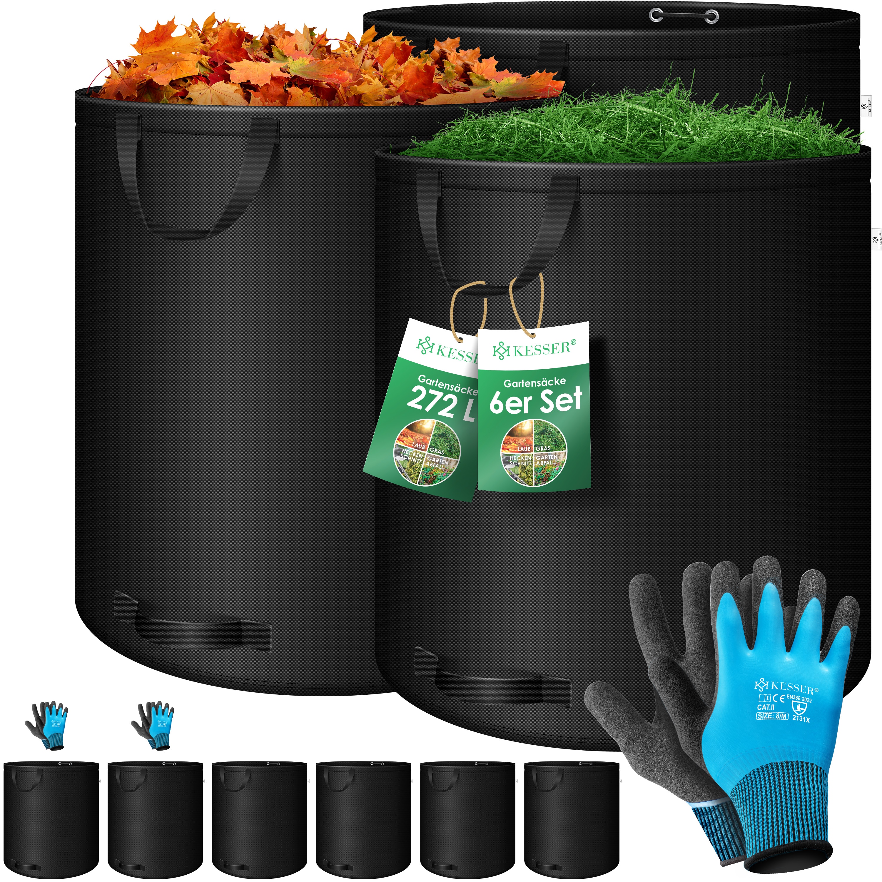 KESSER&reg; Gartensack Set Laubsack Gartenabfallsack inkl. Handschuhe - Selbststehend 4 Griffe Stabil Robust & Faltbar - Laubs&auml;cke Rasenschnitt Gartens&auml;cke f&uuml;r Gartenabf&auml;lle Gr&uuml;nschnitt 
