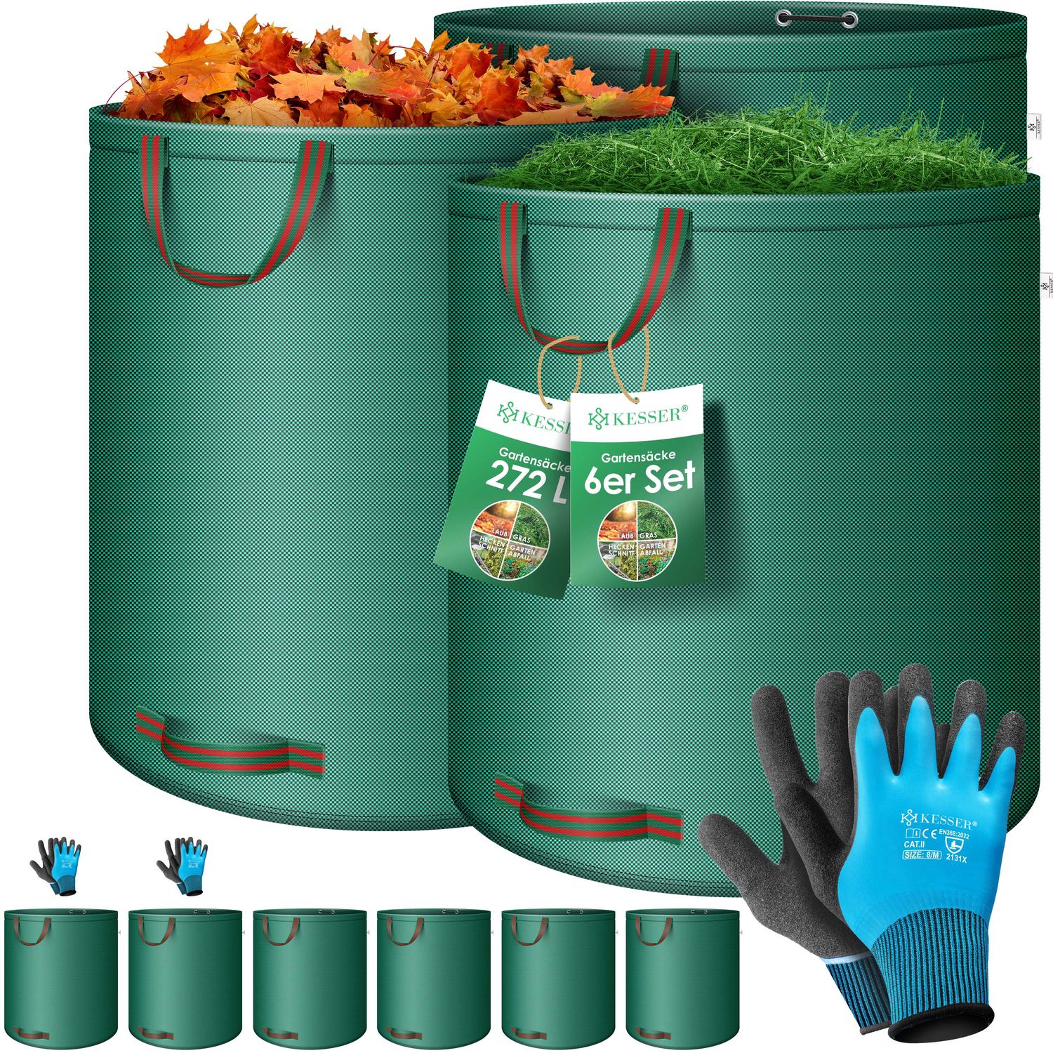 KESSER&reg; Gartensack Set Laubsack Gartenabfallsack inkl. Handschuhe - Selbststehend 4 Griffe Stabil Robust & Faltbar - Laubs&auml;cke Rasenschnitt Gartens&auml;cke f&uuml;r Gartenabf&auml;lle Gr&uuml;nschnitt 