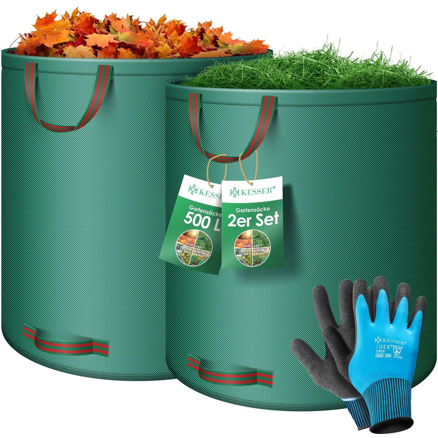 KESSER&reg; Gartensack Set Laubsack Gartenabfallsack inkl. Handschuhe - Selbststehend 4 Griffe Stabil Robust & Faltbar - Laubs&auml;cke Rasenschnitt Gartens&auml;cke f&uuml;r Gartenabf&auml;lle Gr&uuml;nschnitt 