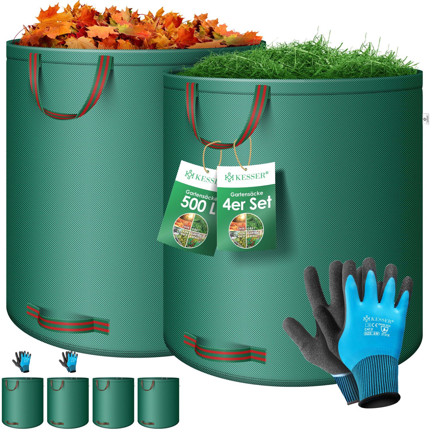 KESSER&reg; Gartensack Set Laubsack Gartenabfallsack inkl. Handschuhe - Selbststehend 4 Griffe Stabil Robust & Faltbar - Laubs&auml;cke Rasenschnitt Gartens&auml;cke f&uuml;r Gartenabf&auml;lle Gr&uuml;nschnitt 