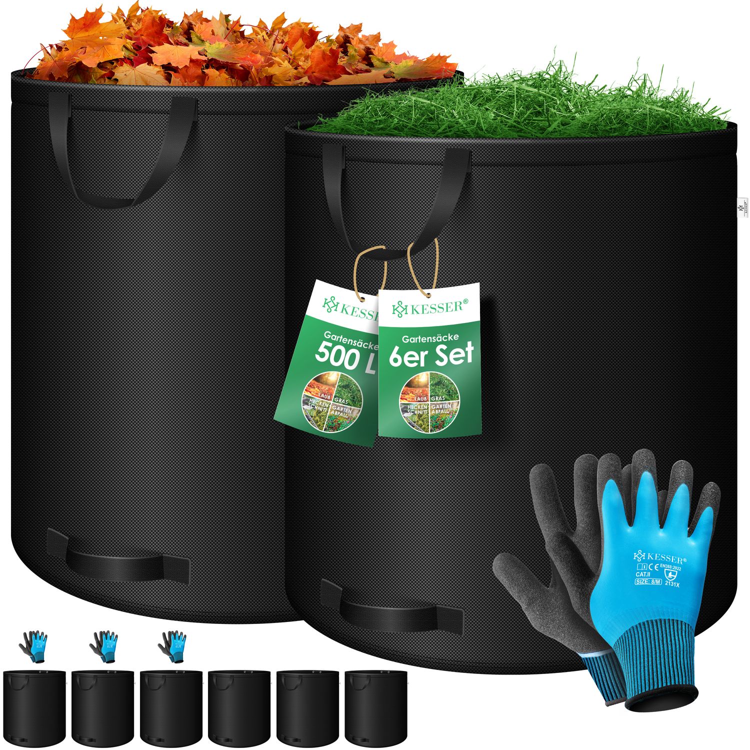 KESSER&reg; Gartensack Set Laubsack Gartenabfallsack inkl. Handschuhe - Selbststehend 4 Griffe Stabil Robust & Faltbar - Laubs&auml;cke Rasenschnitt Gartens&auml;cke f&uuml;r Gartenabf&auml;lle Gr&uuml;nschnitt 