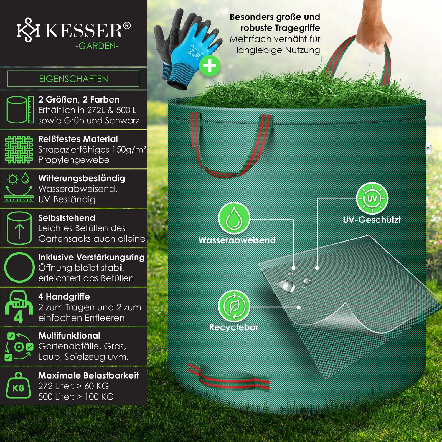 BigDean Gartensack Laubsack 272L Stabil, Faltbar Mit Extra Robustem 150g M2 Gewebe 272 L 1 Tlg S0reh008