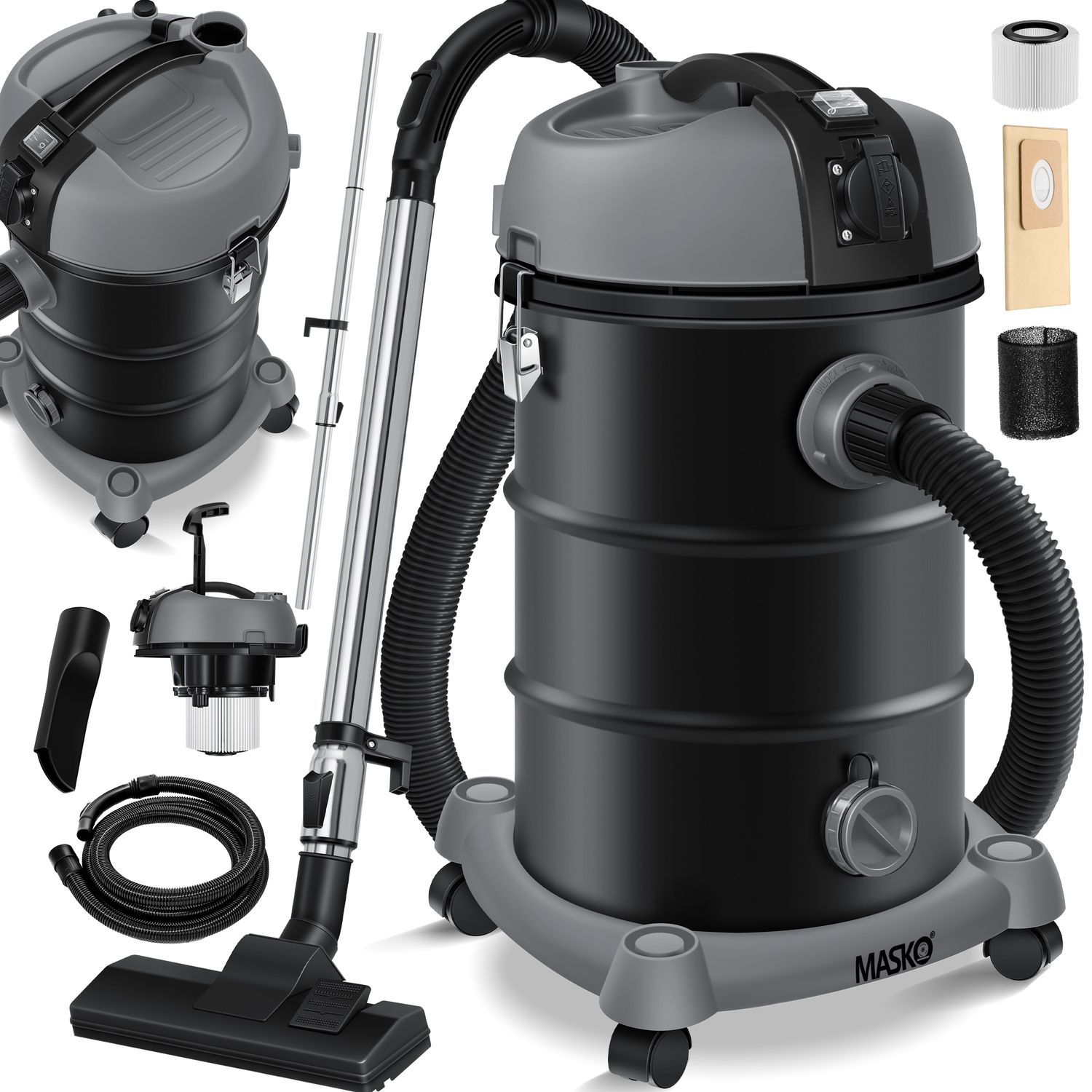 MASKO&reg; Industriestaubsauger Staubsauger Nass Trocken Sauger Edelstahl 2300W + Steckdose | Blasfunktion | Trocken-Saugen & Nass-Saugen | Push&Clean | Industrie-Sauger mit & ohne Beutel | beutellos 