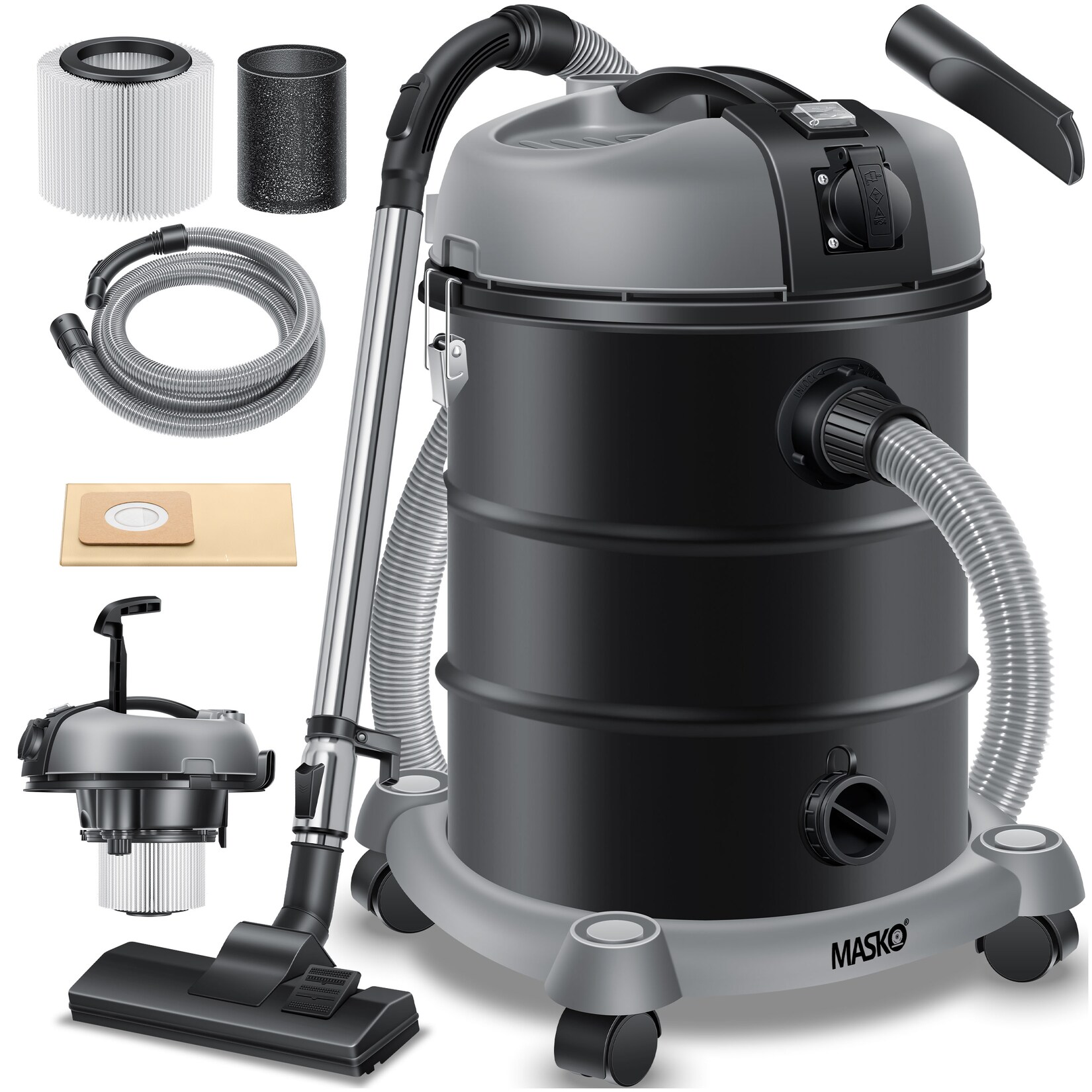 ® Industriestaubsauger Staubsauger Nass Trocken Sauger Edelstahl 2300W + Steckdose   Blasfunktion   Trocken-Saugen & Nass-Saugen   Push&Clean   Industrie-Sauger mit & ohne Beutel   beutellos