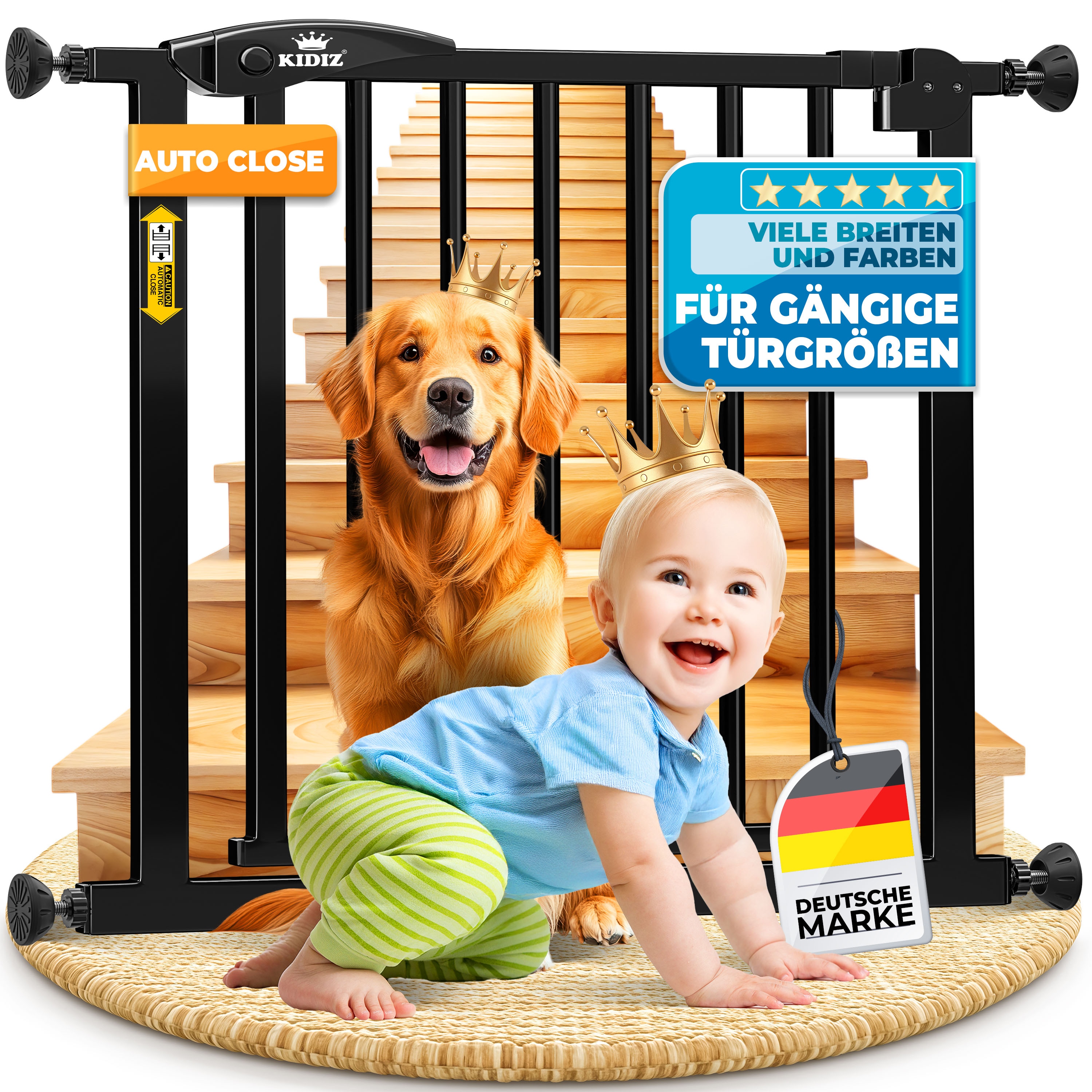 KIDIZ&reg; Schutzgitter f&uuml;r Treppen | T&uuml;r, Auto Close Kindertreppengitter ohne Bohren | 90&deg; Stop, Absperr T&uuml;rschutzgitter, schwenkbare Trennwand, Treppenschutzgitter, Klemmen 