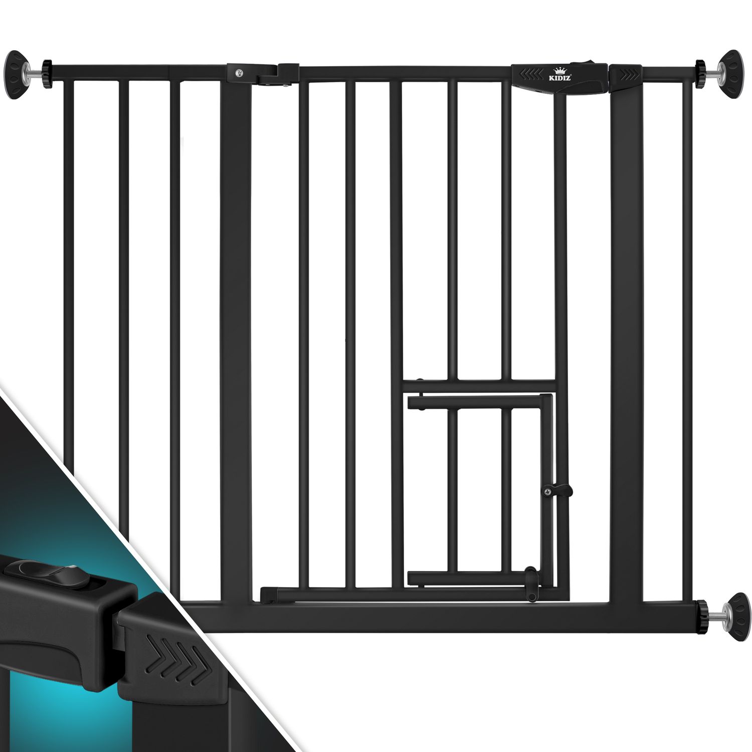 KIDIZ&reg; Absperrgitter zum Klemmen mit Katzenklappe, T&uuml;rschutzgitter, Autoclose Kinder Treppengitter ohne Bohren | 90&deg; Stopp Schutz, schwenkbar, Treppenschutzgitter 